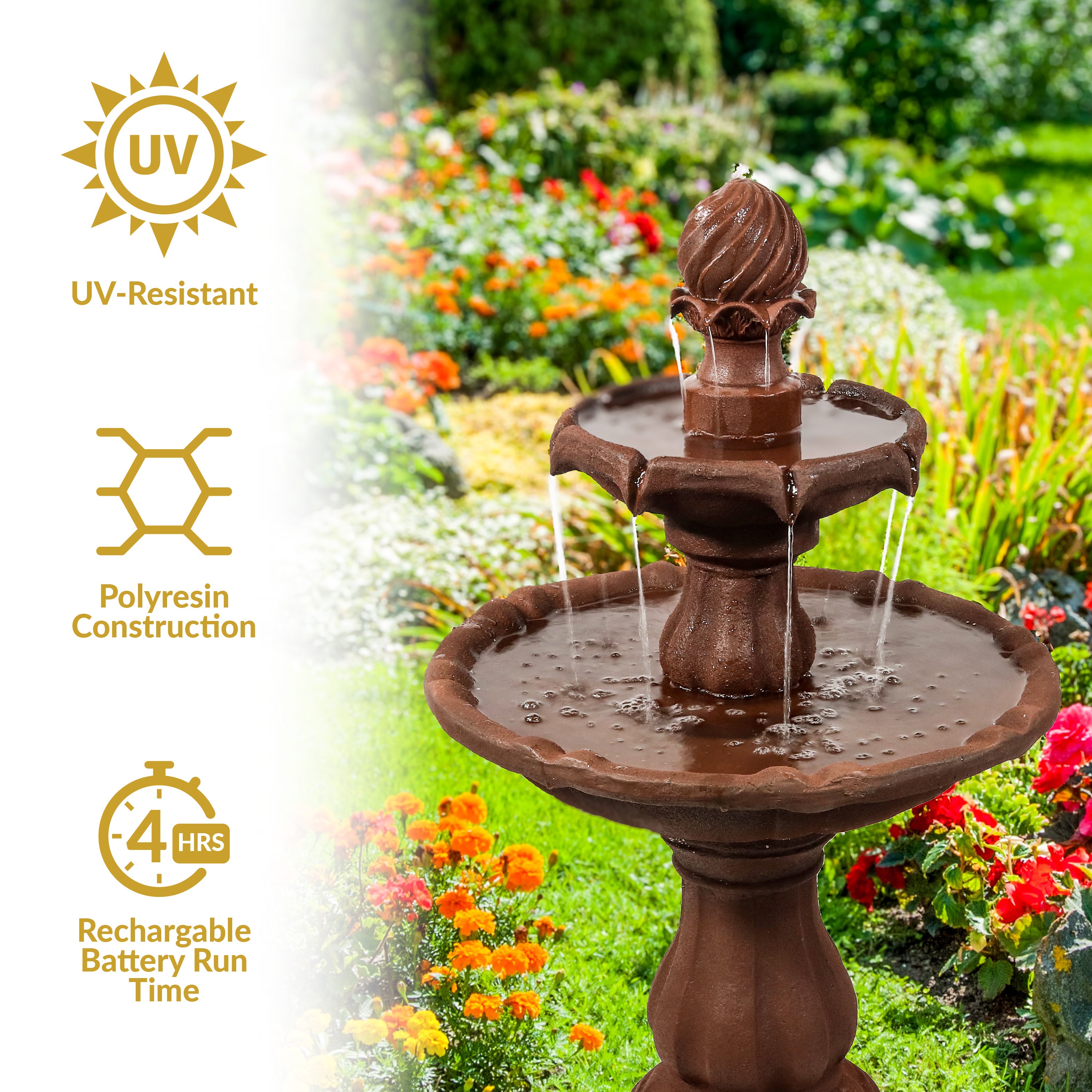 Sunnydaze 2-Tier Solar Powered Outdoor Water Fountain with Battery Backup - Perfect for Garden, Patio, and Backyard Decor