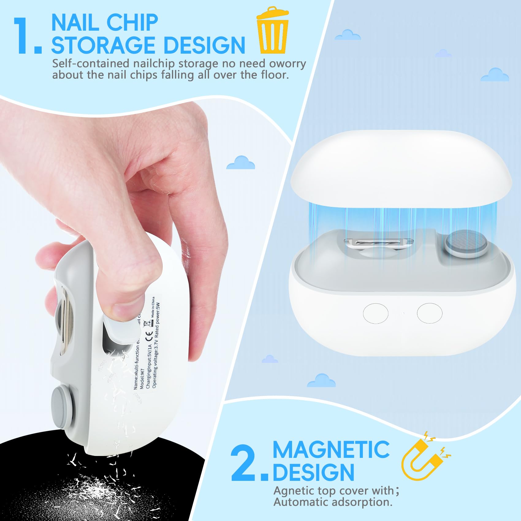 3-in-1 Electric Nail Clipper & Trimmer with LED Light - USB Rechargeable Nail File & Polisher for Baby, Kids, Adults & Seniors - Portable Nail Care Kit for Travel, Home & Salon Use (Frosted White)