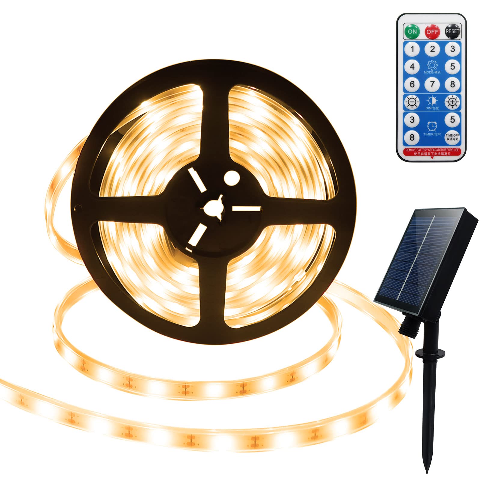 16.4Ft 150 LED Solar Strip Lights Outdoor Waterproof - Warm White Rope Lights with Remote Control & Timer, PVC Tube Cover - Perfect for Bedroom, Garden, Patio, Pool & Christmas Decorations
