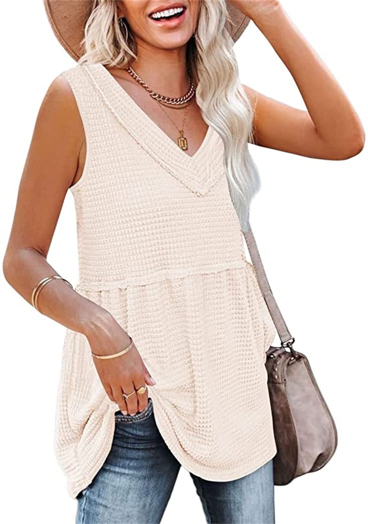 Women's Sleeveless Waffle Knit V-Neck Tank Top - Soft Stretchy Babydoll Peplum Blouse for Casual Wear, Layering & Summer Outfits