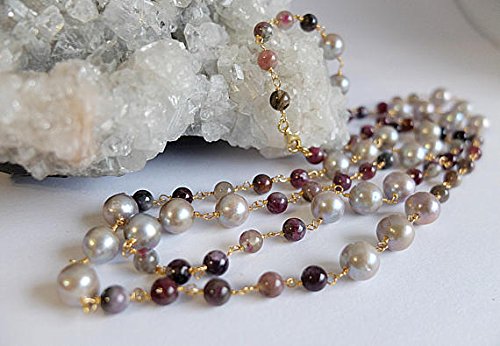 Long Natural Tourmaline & Gray Freshwater Pearl Necklace - 6mm Semiprecious Gemstone Jewelry with Gold Filled Chain - Perfect for Weddings, Parties & Elegant Evening Wear