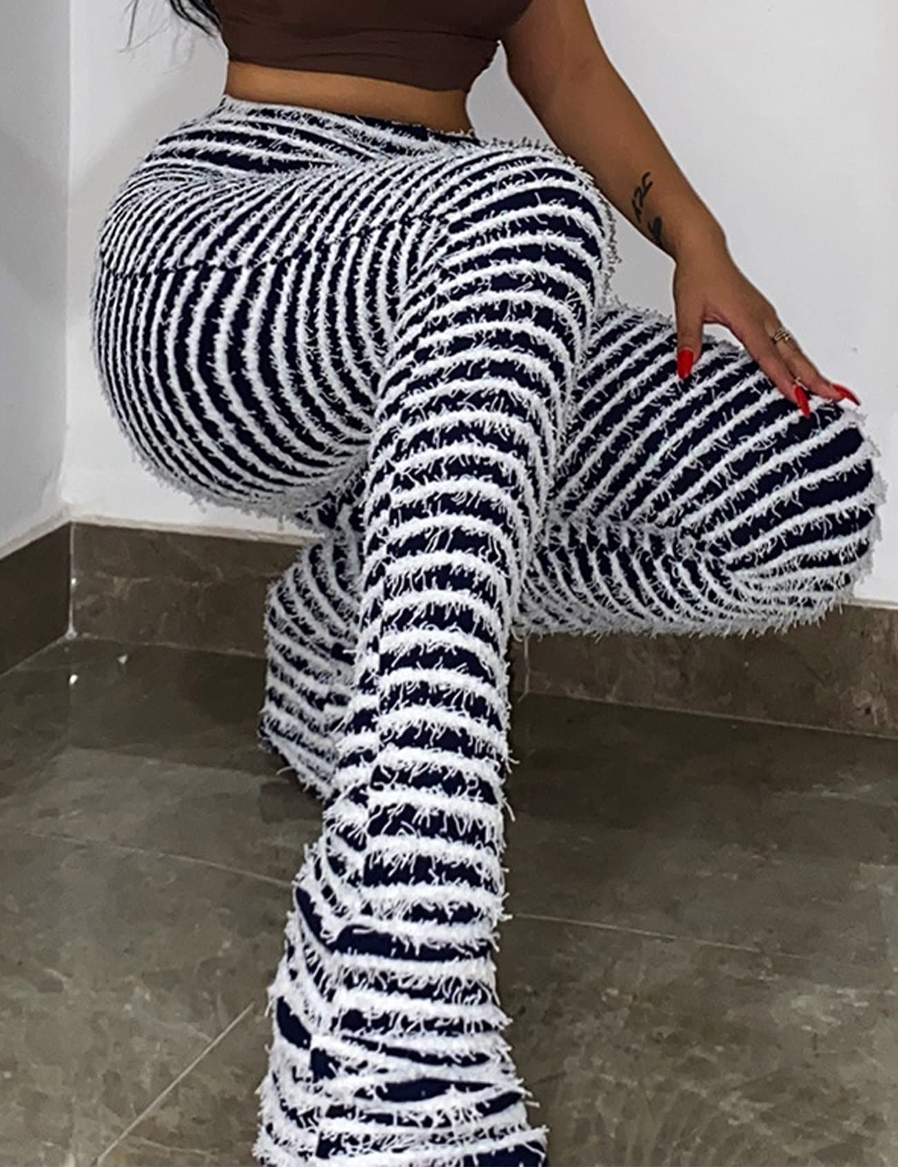 Yimoon Stacked Pants for Women - Fuzzy High Waisted Leggings with Zebra Print & Striped Design | Y2K Fashion Trend | Perfect for Casual Wear, Winter Outfits, and Street Style