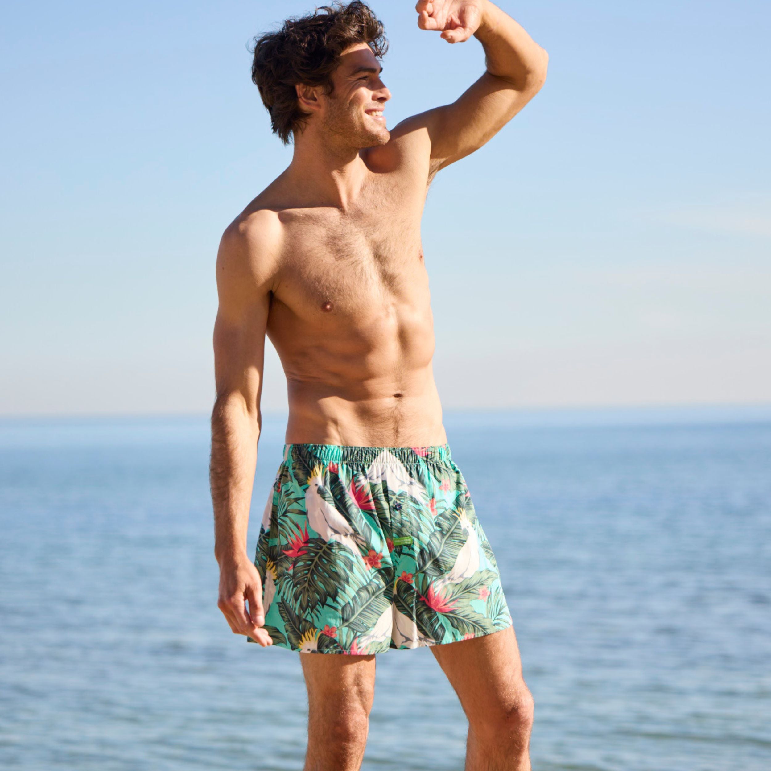 Men's Breathable Bamboo Boxer Shorts with Cockatoo Leaves Print - Comfortable & Eco-Friendly Underwear for Lounge, Sleep & Travel - Green
