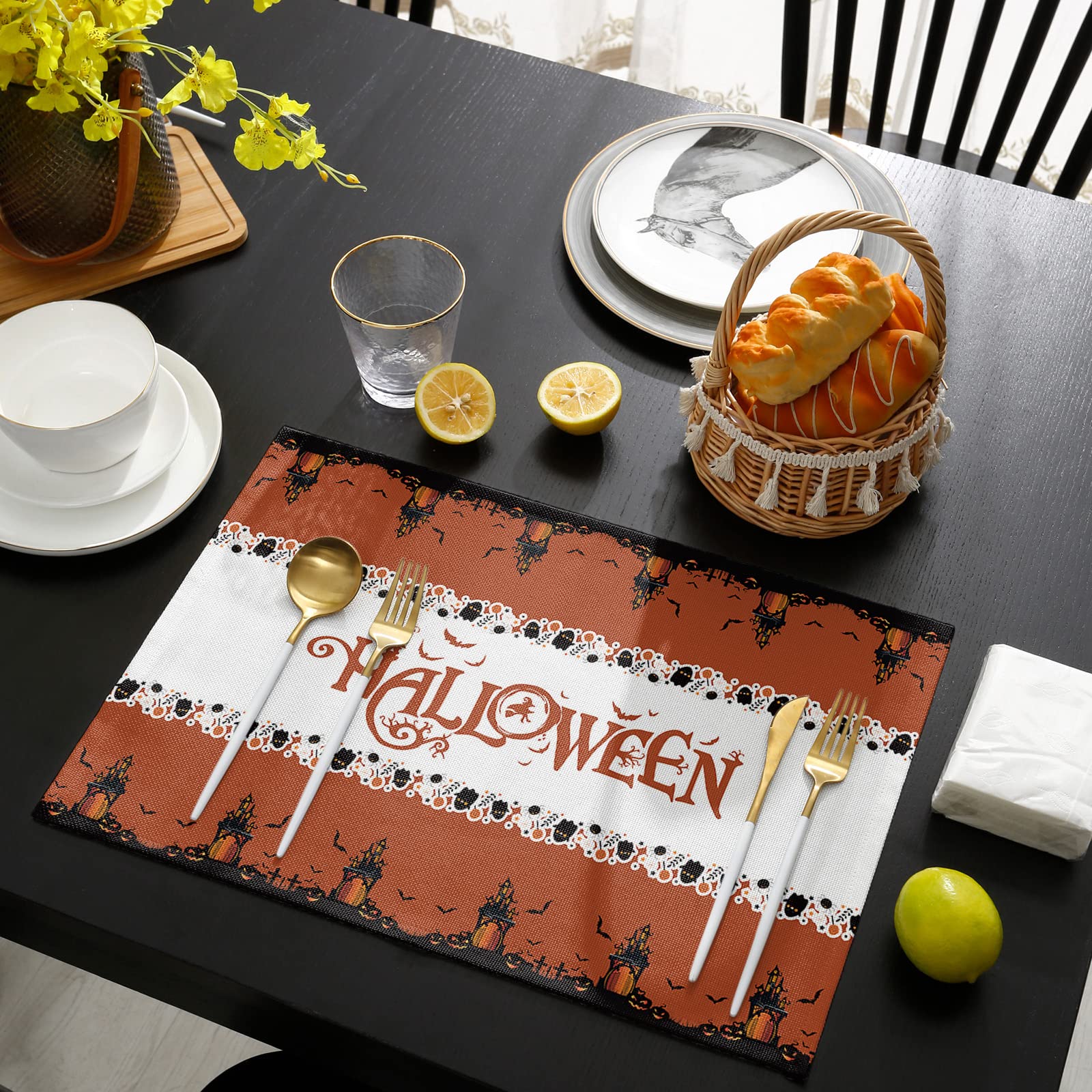 Washable Halloween Kitchen Placemats Set of 6 - Non-Slip Heat Insulation Table Mats with Black Castle & Bats Design for Fall Dining Decor | Perfect for Thanksgiving, Pumpkin-Themed Parties & Autumn Home Decor