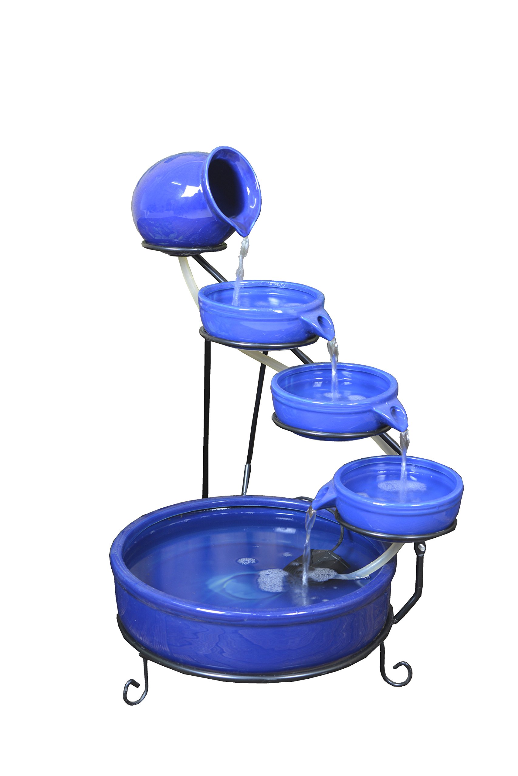 5-Tier Solar Water Fountain with Ceramic Bowls & Iron Frame - Cascading Garden Decor for Birds, Outdoor Patio, Yard - Includes Solar Panel Pump (Blue)