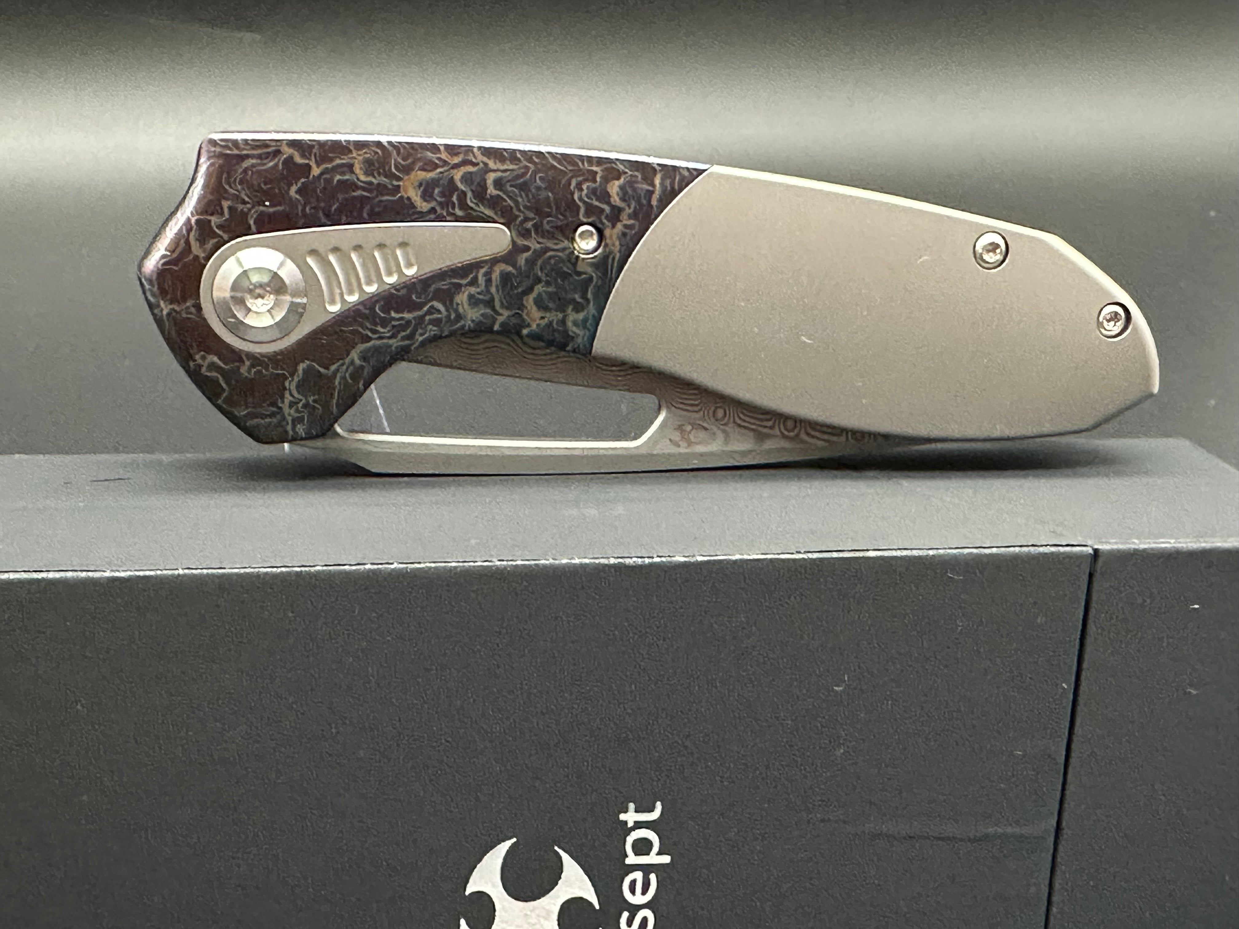 KANSEPT THOTH Folding Knife - Bead Blast/Lightning Strike Titanium Handle with Damascus Steel Blade - EDC Pocket Knife for Outdoor Camping, Hiking & Survival