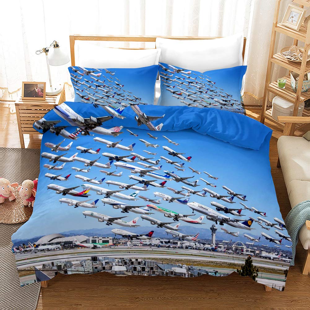 Airplane Comforter Cover Set - Twin Size Blue Sky Aircraft Duvet Cover with 2 Pillowcases | Soft Breathable Kids Bedding Decor | 3-Piece Natural Scenery Bed Set with Zipper Closure | Perfect for Boys' Room, Nursery, and Aviation-Themed Bedrooms