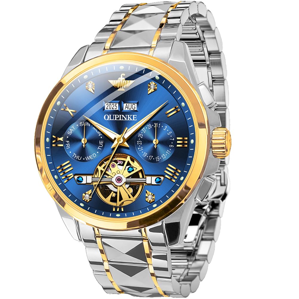 OUPINKE Men's Skeleton Automatic Mechanical Watch with Calendar - Sapphire Crystal, Tungsten Steel, Waterproof (100M) - Luxury Dress & Business Wristwatch for Formal Occasions & Everyday Wear