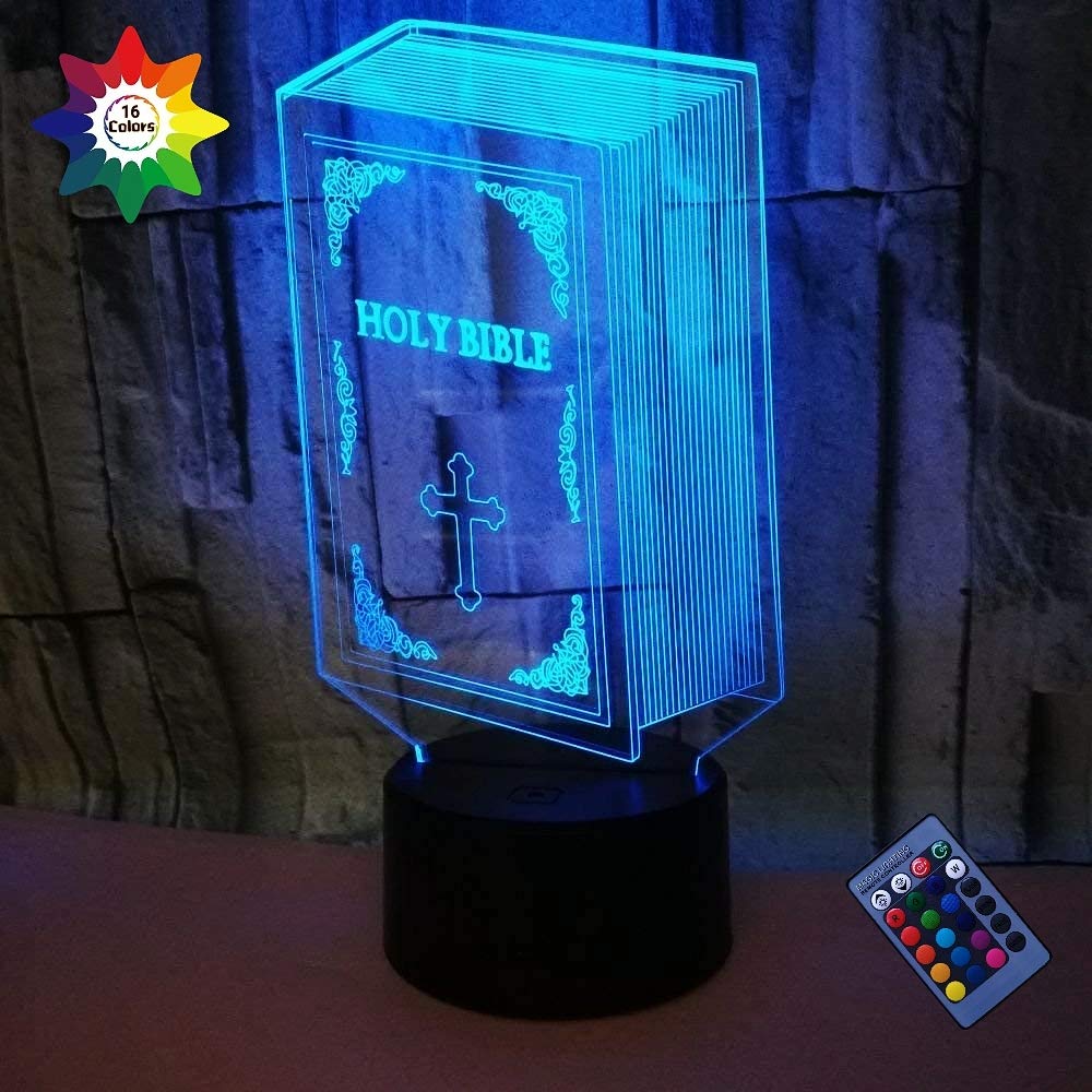 3D Bible Night Light with 16 Color Changing LED, USB Powered, Remote Control & Touch Switch - Optical Illusion Desk Lamp for Bedroom, Nursery, Prayer Room Decor