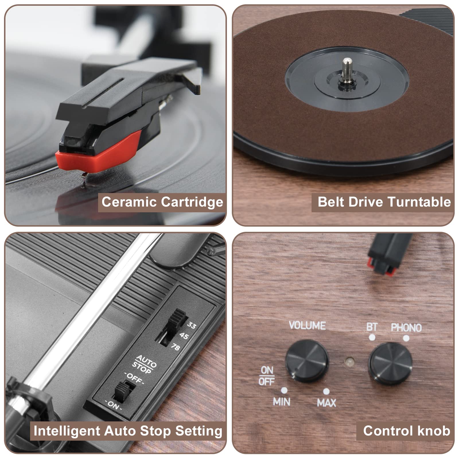 MPK Bluetooth Record Player - HiFi Turntable with Bookshelf Speakers, 3-Speed Belt-Drive Vinyl Player for Wireless Playback & Auto-Stop, Walnut Wood - Perfect for Home Entertainment & Vinyl Record Collection