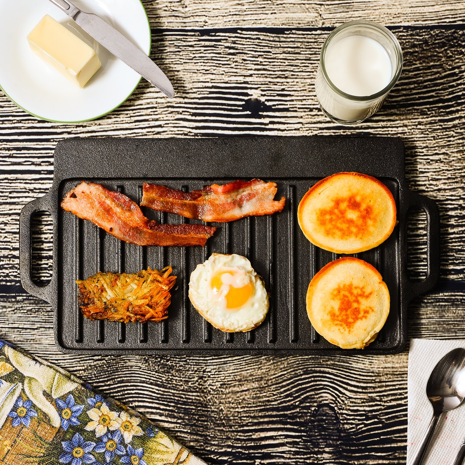 Pre-Seasoned Double-Sided Cast Iron Griddle - 13 x 8 Inch - Classic Reversible Grill Pan for Stovetop, Oven & Camping - Perfect for Pancakes, Steaks & Outdoor Cooking