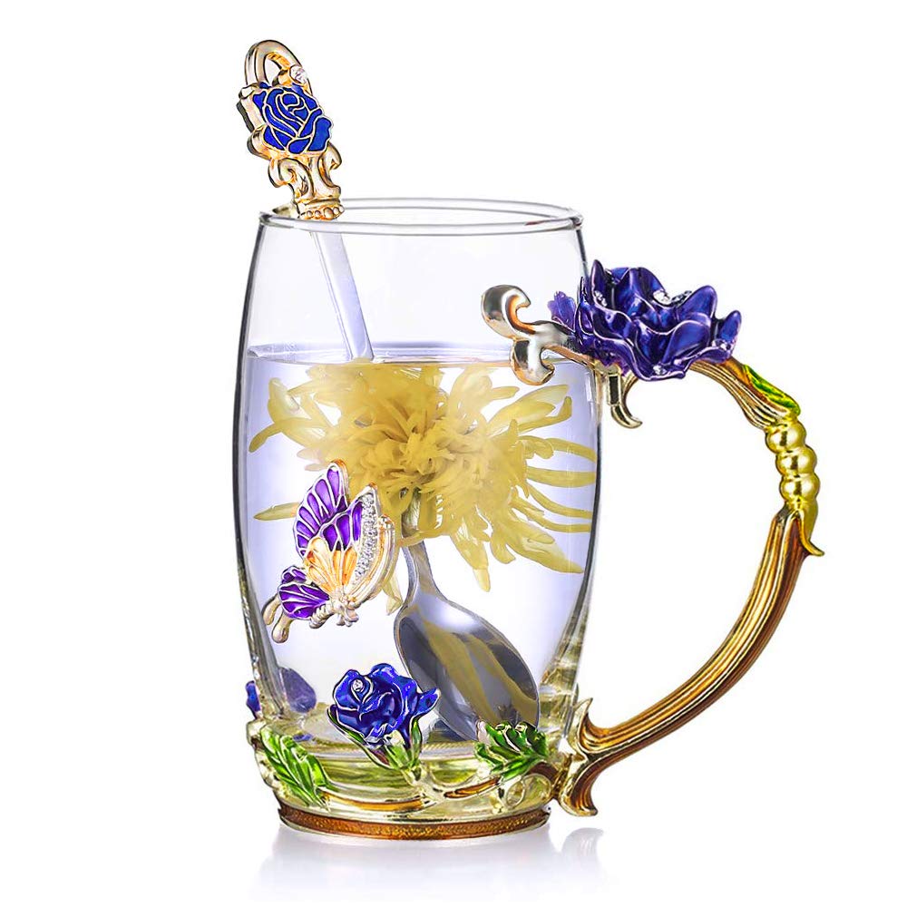 Kaiyuan Dynasty 12oz Glass Coffee Mug with Enamel Rose & Butterfly Design - Includes Spoon - Perfect for Tea, Coffee, Hot Chocolate - Ideal for Birthday Gifts, Wedding Favors, Home & Office Use