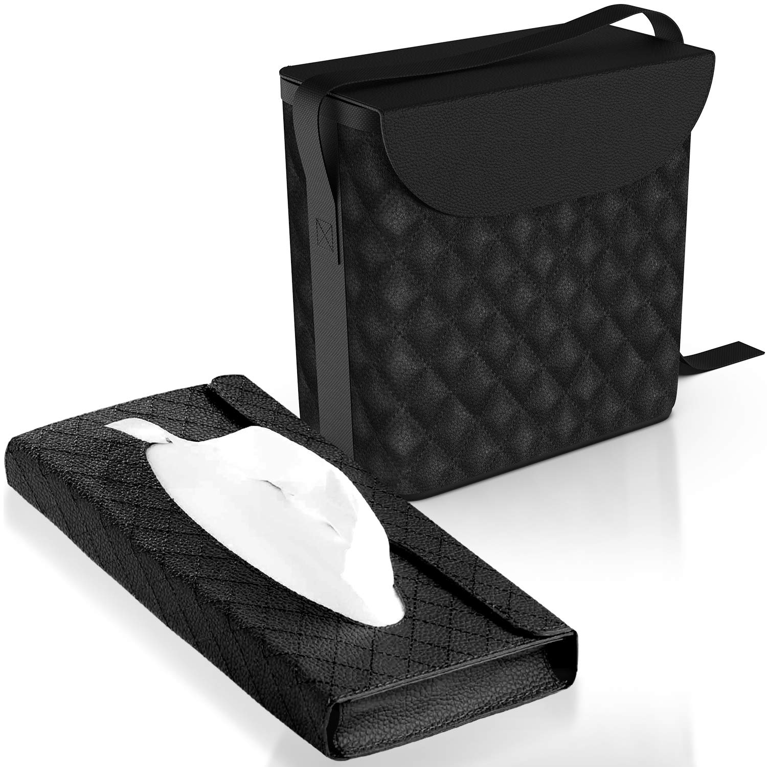 Premium Leather Car Trash Can with Matching Tissue Box - Waterproof & Machine Washable Car Garbage Bag - Luxury Car Trash Bin for SUVs, Sedans & Trucks - Perfect for Road Trips, Commuting & Family Travel