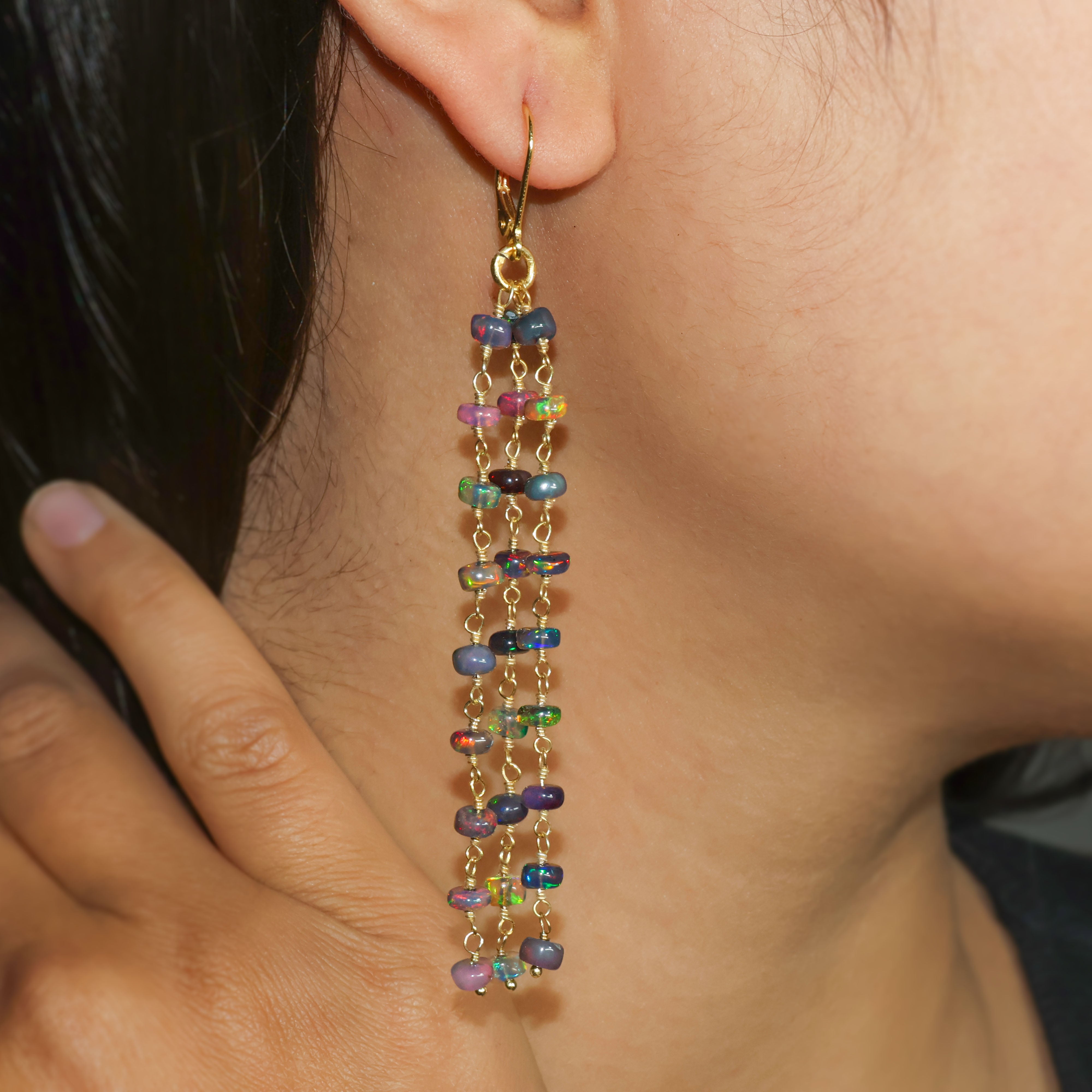 Natural Black Opal 3 Line Dangle Drop Handmade Earrings for Women | Genuine Opal Jewelry Gift | Elegant Boho Style for Parties, Weddings & Special Occasions