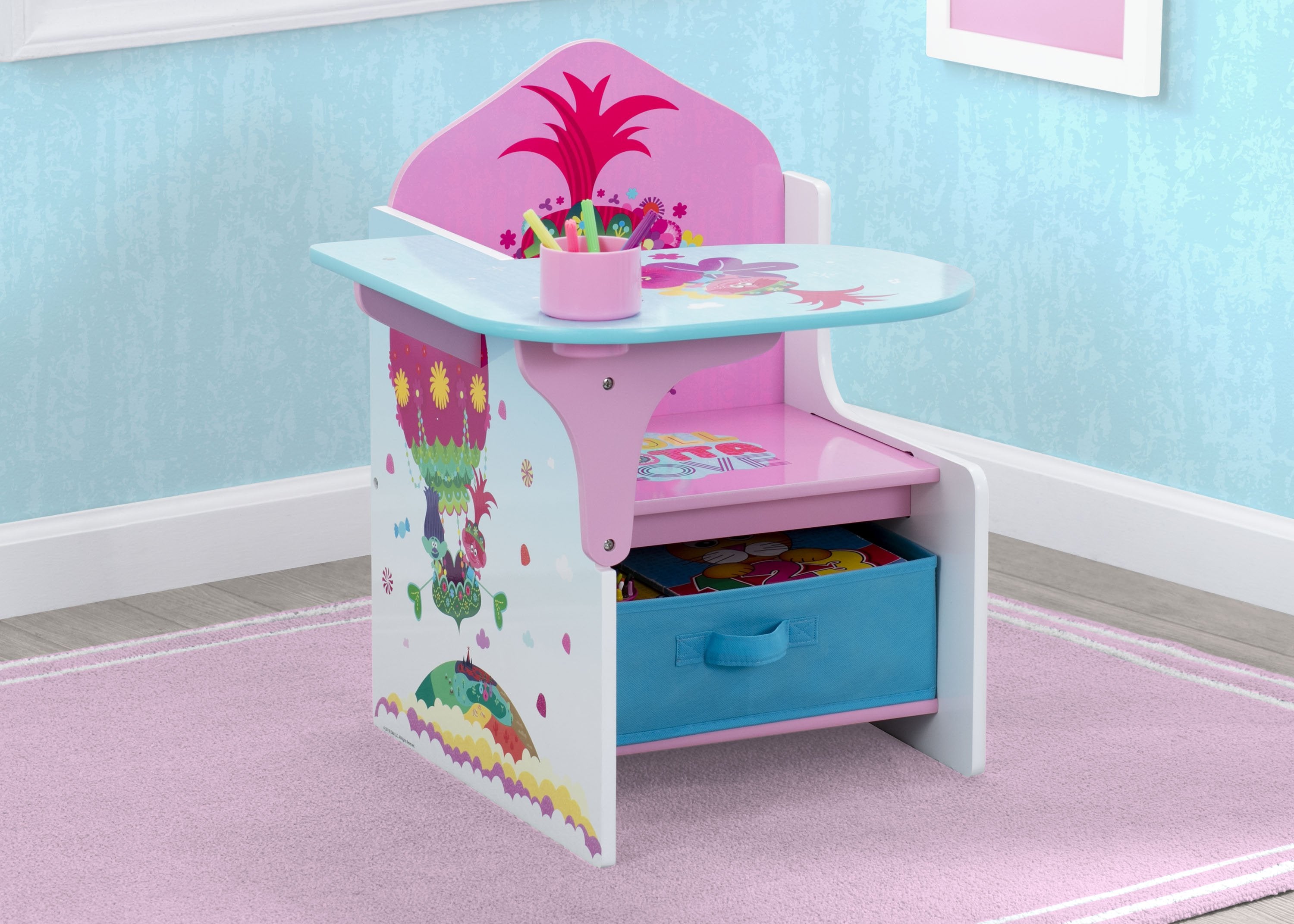 Trolls World Tour Kids Chair with Storage Desk - Portable Study Table for Children's Room, Playroom, and Classroom - Perfect for Reading, Drawing, and Homework