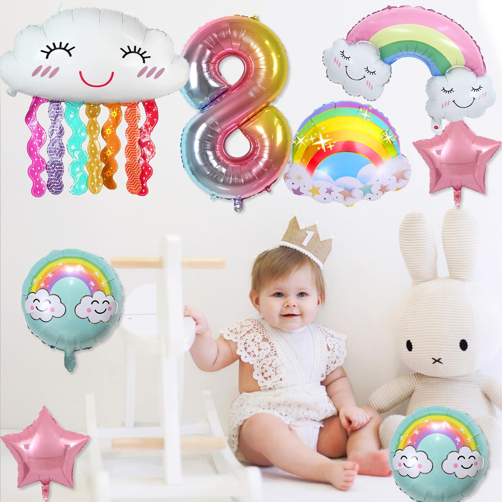 8th Birthday Party Decorations for Girls - 8 Pcs Rainbow Pink Star Pastel Foil Balloons with Number 8 Balloon, Perfect for Girls Birthday Party & Baby Shower Supplies | Great for Indoor & Outdoor Celebrations