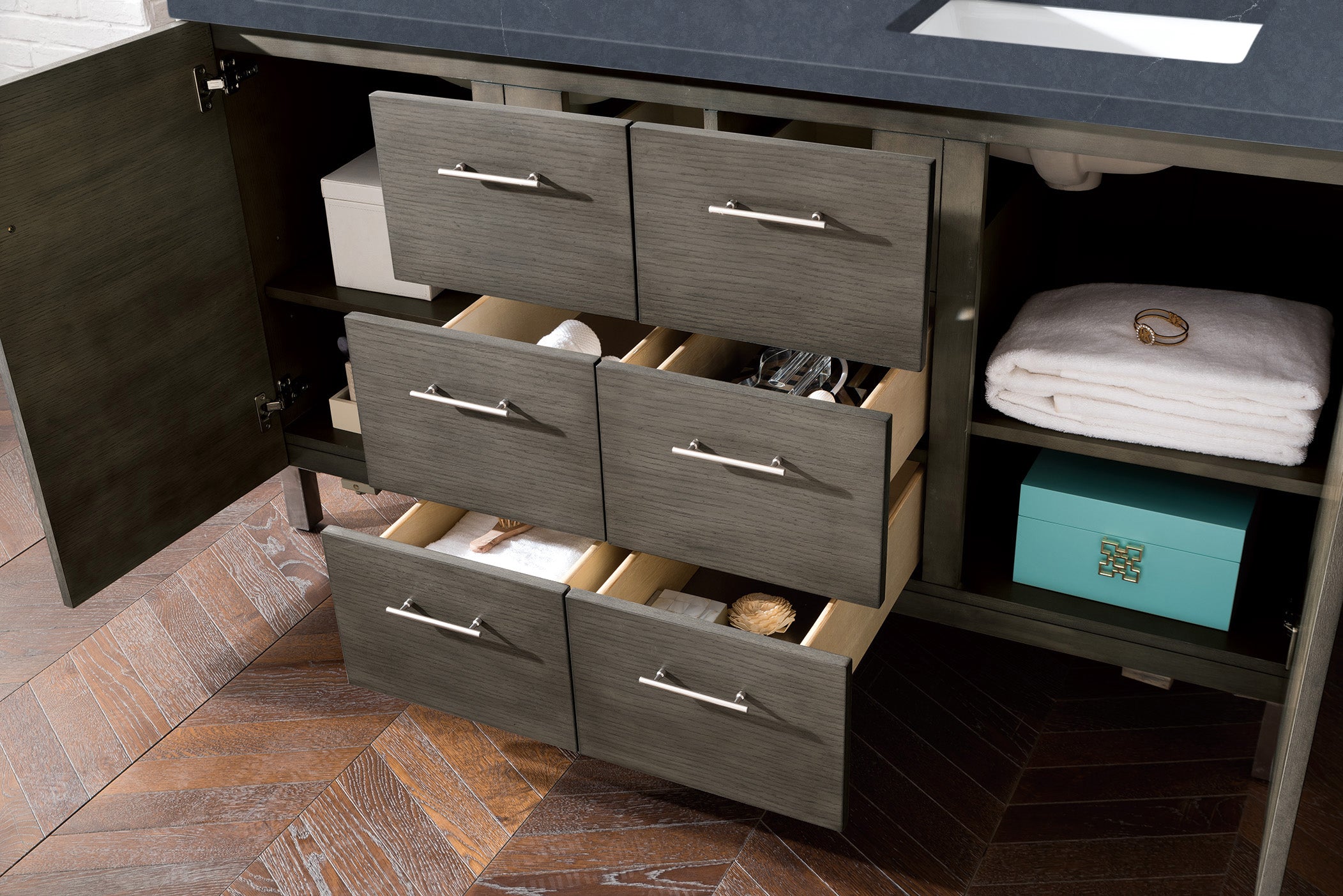 Metropolitan 60 Inch Double Bathroom Vanity in Silver Oak with 3CM Charcoal Soapstone Quartz Countertop - Perfect for Modern Master Bathrooms and Luxurious Home Renovations