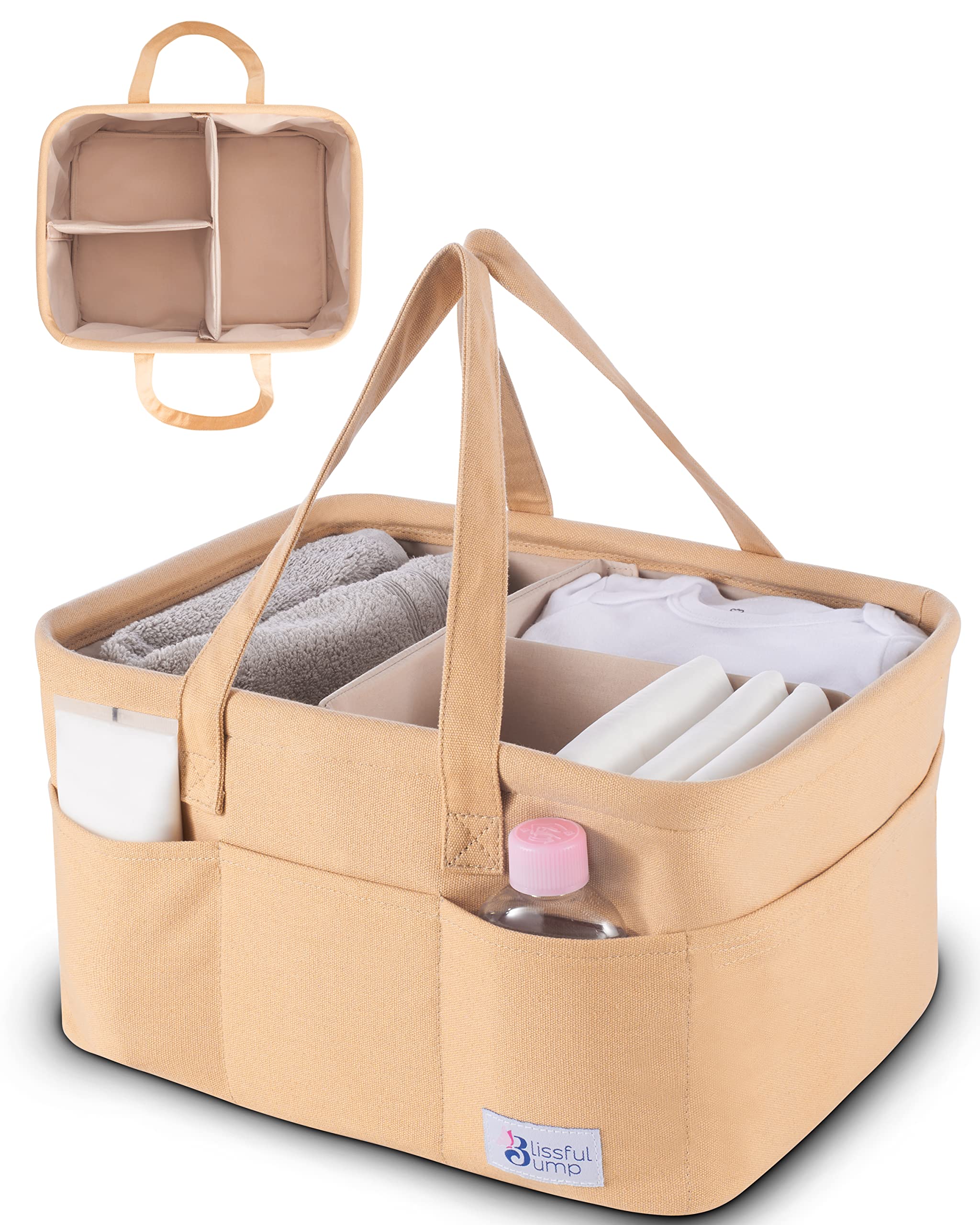 The Blissful Bump Diaper Organizer Caddy - Portable Baby Diaper Storage with Pockets & Adjustable Compartments - Modern Changing Table Organizer for Boys & Girls (Camel Color) - Perfect for Nursery, Travel & On-the-Go Diaper Changes