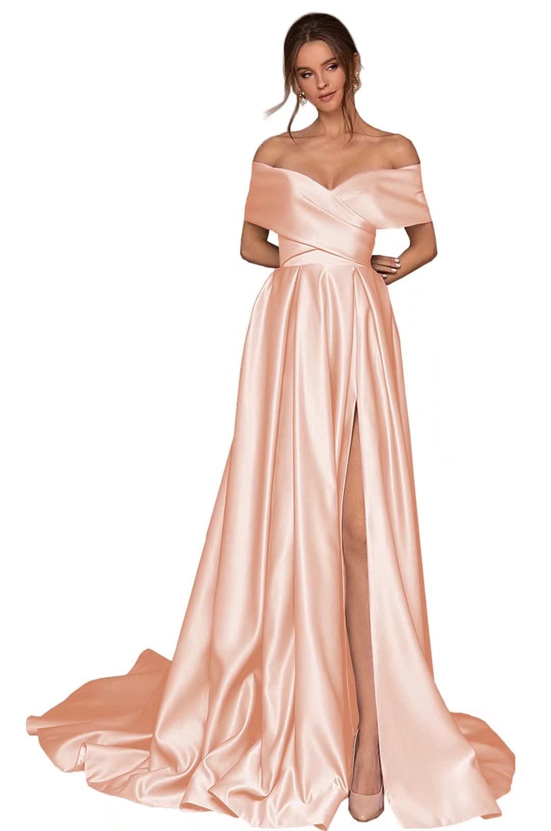 Fivsole Women's Off The Shoulder Prom Dress Satin Long Formal Evening Gown with Ruched Detail and Pockets - Perfect for Homecoming, Wedding Guest, and Special Occasions