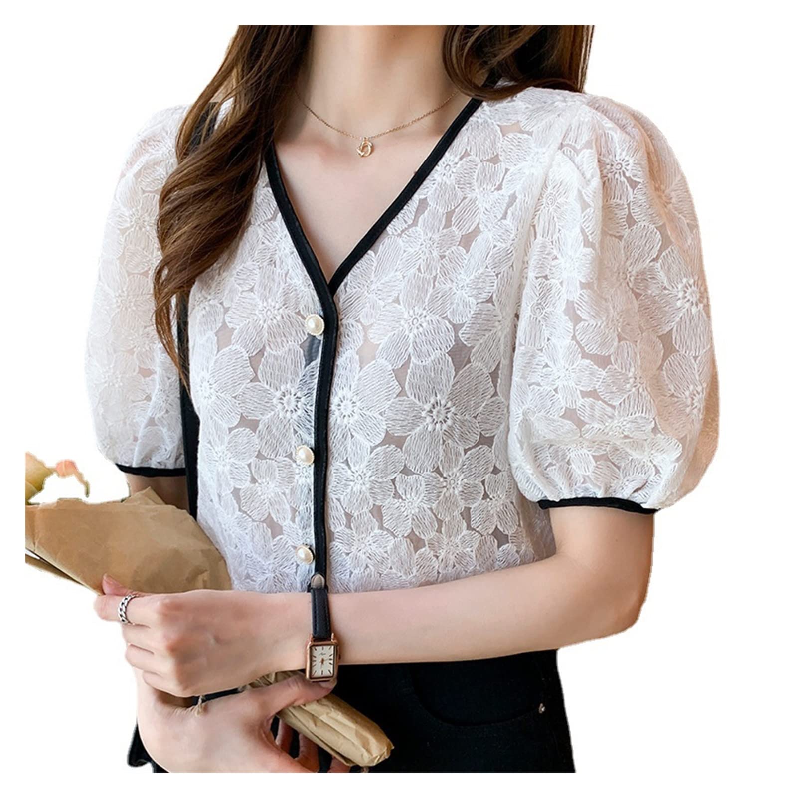 WALNUTA Women's Summer Short Sleeve V-Neck Lace Blouse - Breathable Hollow Out Tops for Casual Wear, Office & Date Night