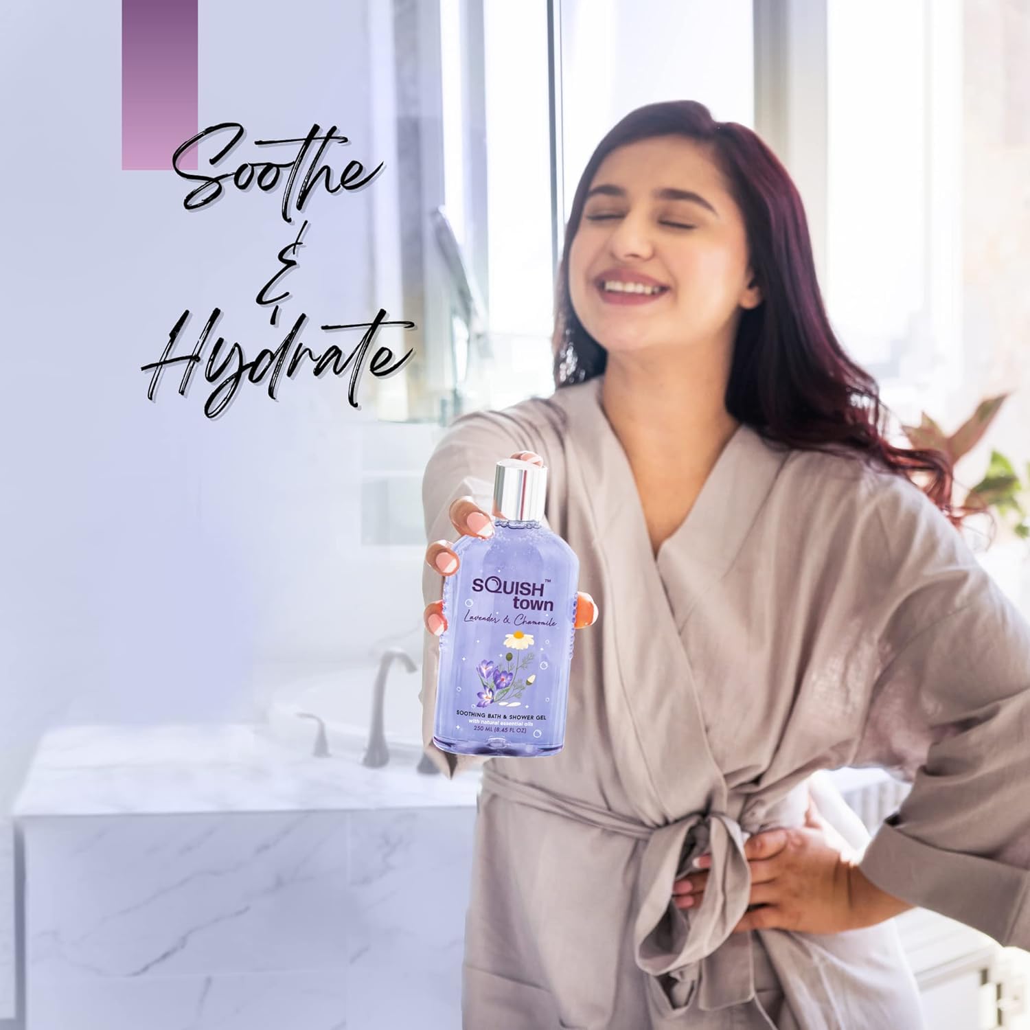 Sq'uishtown Lavender & Chamomile Soothing Bath & Shower Gel - Natural Essential Oils Aromatherapy for Relaxation | 8.5oz (250ml) | Unisex Body Wash for Stress Relief & Better Sleep | Perfect for Spa Nights & Self-Care Routines