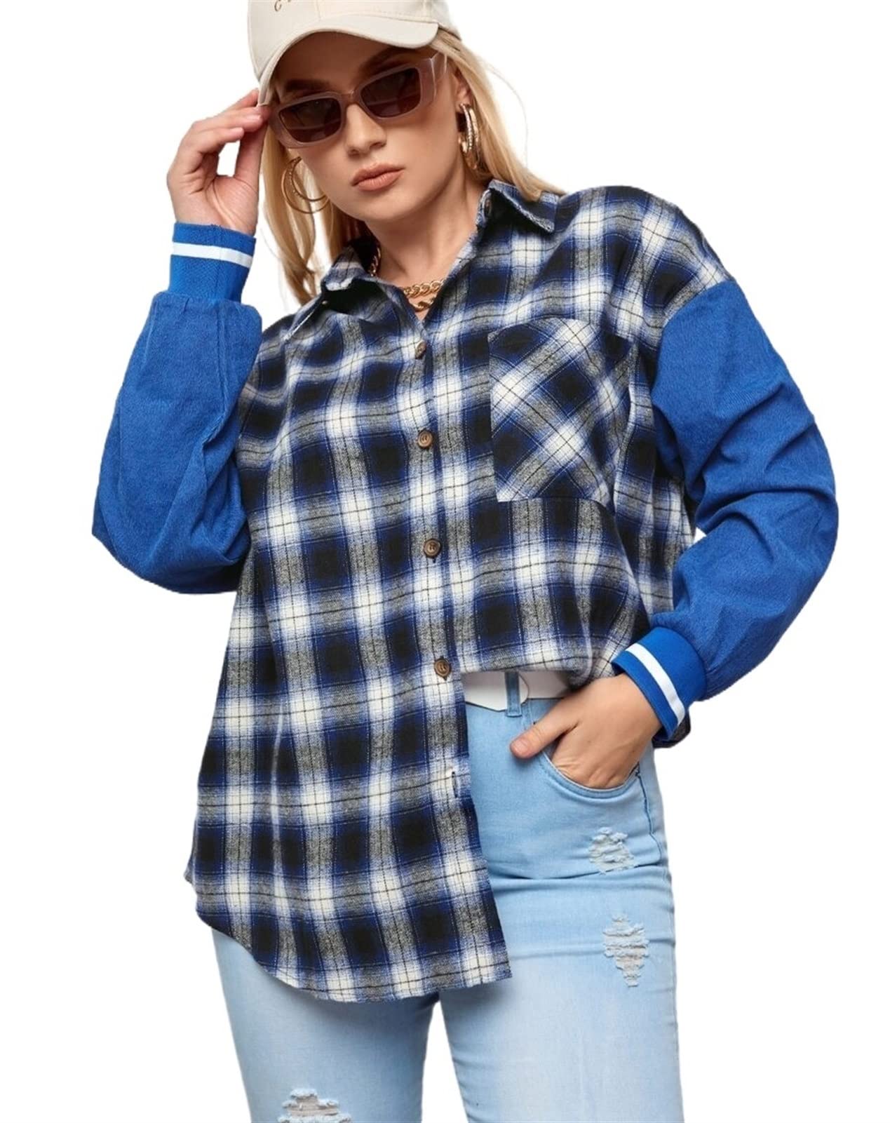 TINMIIR Women's Plus Size Plaid Button-Down Shirt - Oversized Drop Shoulder Blouse with Front Pockets (Multicolor, 1XL) - Perfect for Casual Outfits, Workwear & Layering