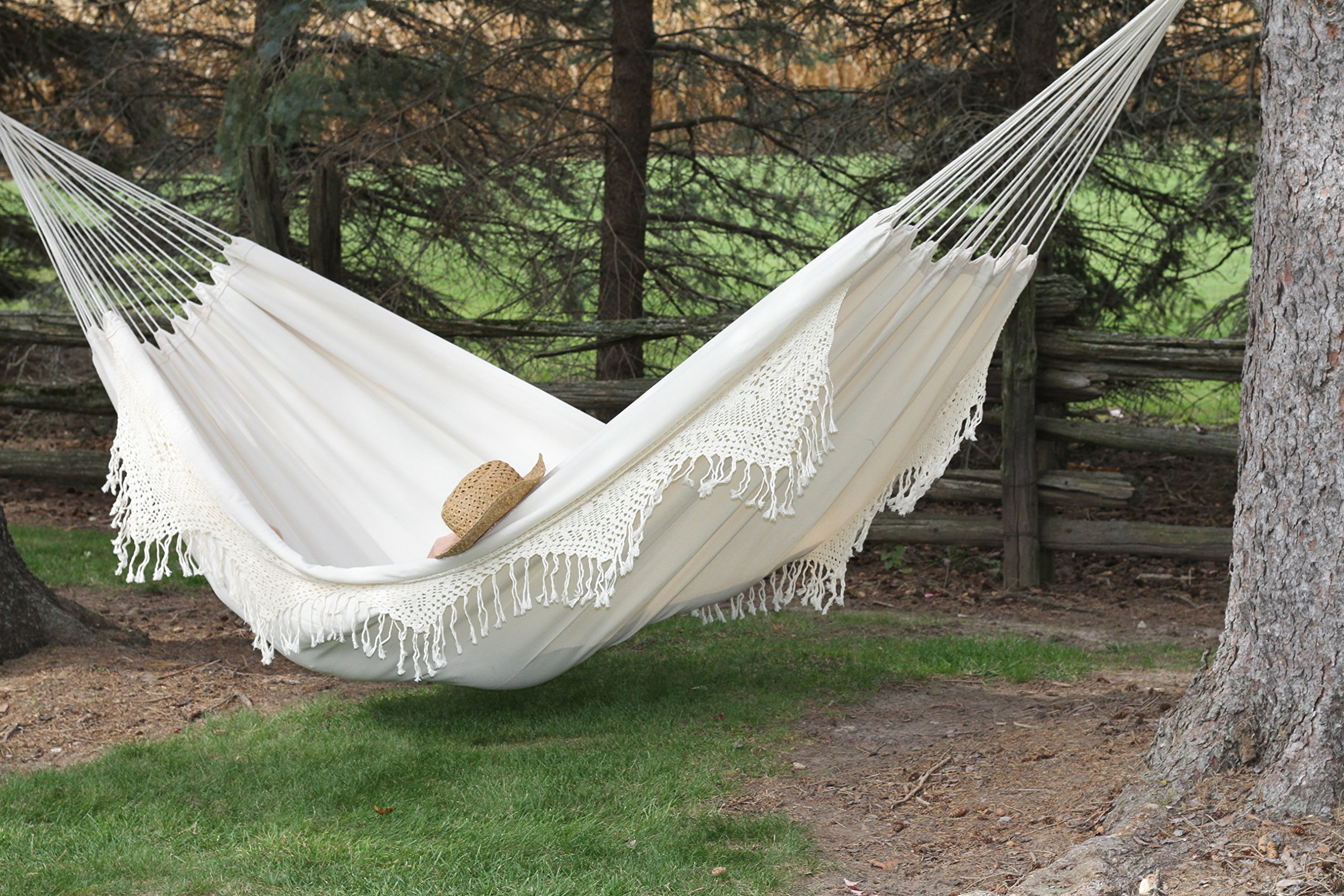 Vivere Double Deluxe Cotton Brazilian Hammock with Fringe - 450 lb Capacity - Perfect for Backyard, Patio, Beach & Camping Relaxation