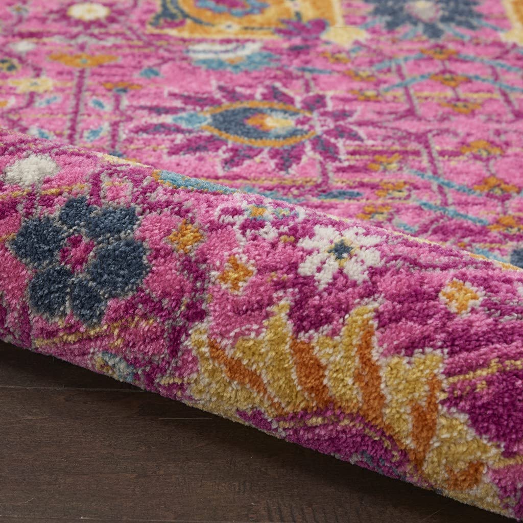 HomeRoots 100% Polypropylene 5-Foot Round Fuchsia & Orange Distressed Area Rug - Soft Boho Chic Floor Mat for Living Room, Bedroom & Dorm Decor