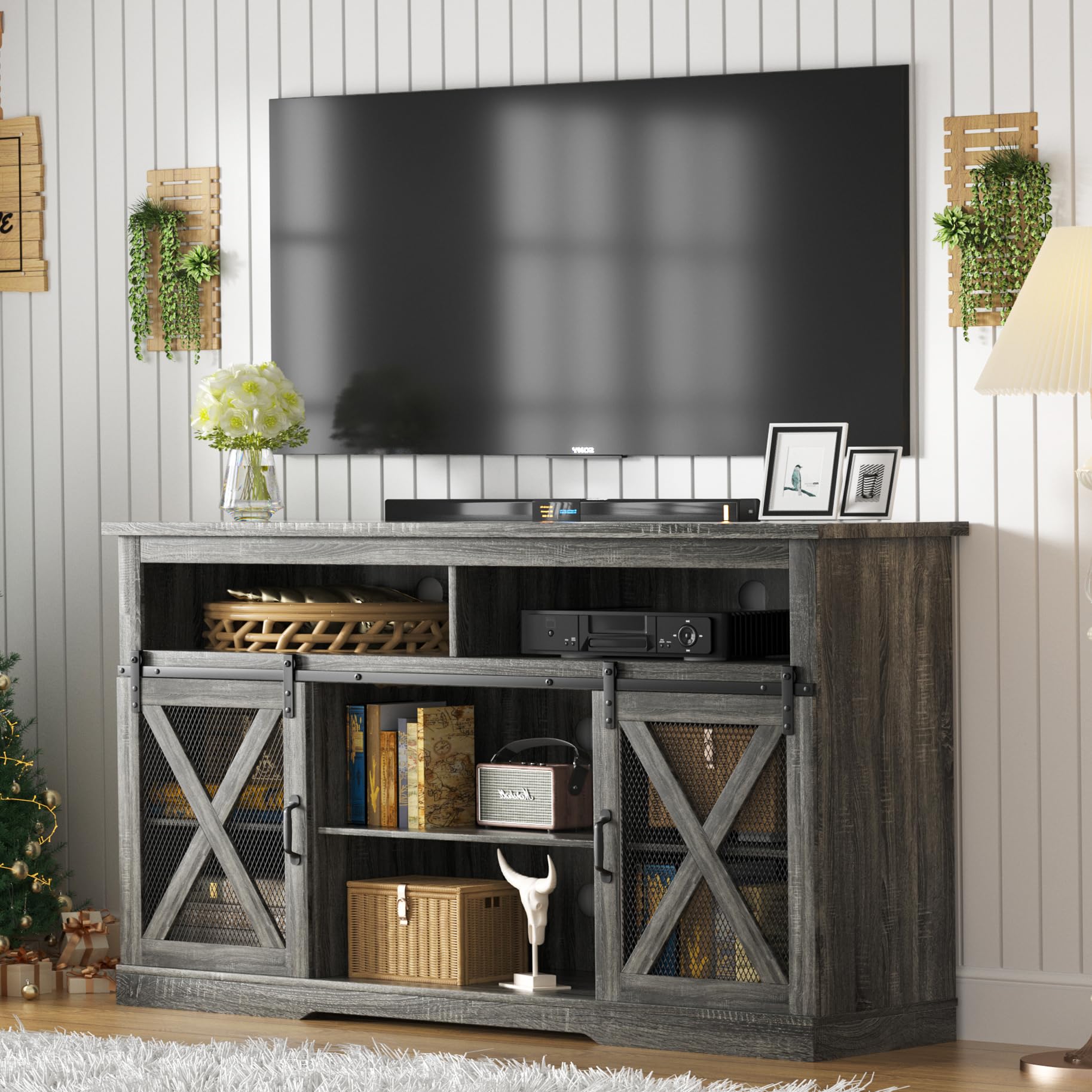 Farmhouse TV Stand for 65 Inch TV - Rustic Entertainment Center with Sliding Barn Doors, Storage Cabinet for Living Room & Bedroom - Grey - Perfect for Cozy Home Decor & Media Organization
