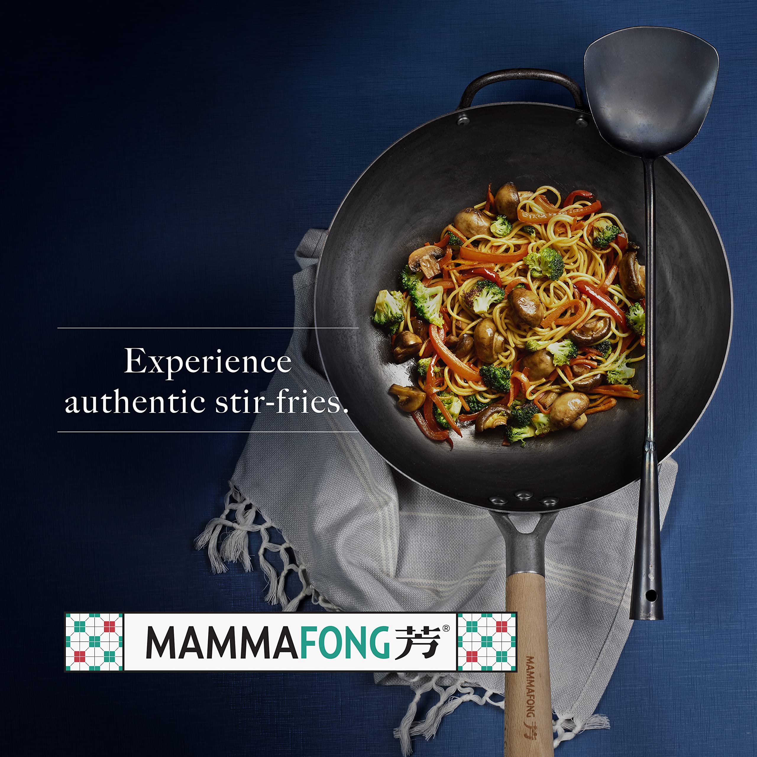 14 Inch Traditional Hand Hammered Pre-Seasoned Carbon Steel Wok Set with Spatula & Bamboo Brush - Round Bottom Chinese Stir Fry Pan for Professional Cooking, Home Kitchen & Asian Cuisine