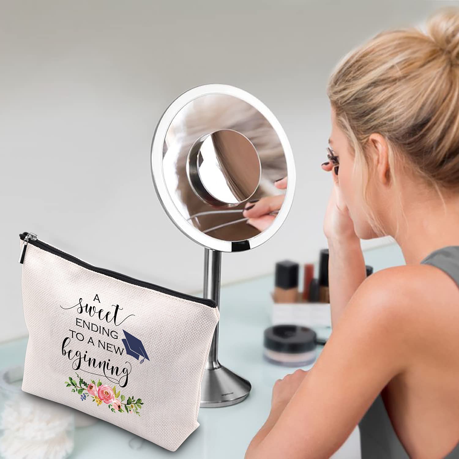WCGXKO Graduation Gift Makeup Bag - A Sweet Ending To A New Beginning | Waterproof Travel Toiletry Organizer for Cosmetics & Essentials | Perfect for Graduation Parties, College Dorm, and Vacation Trips