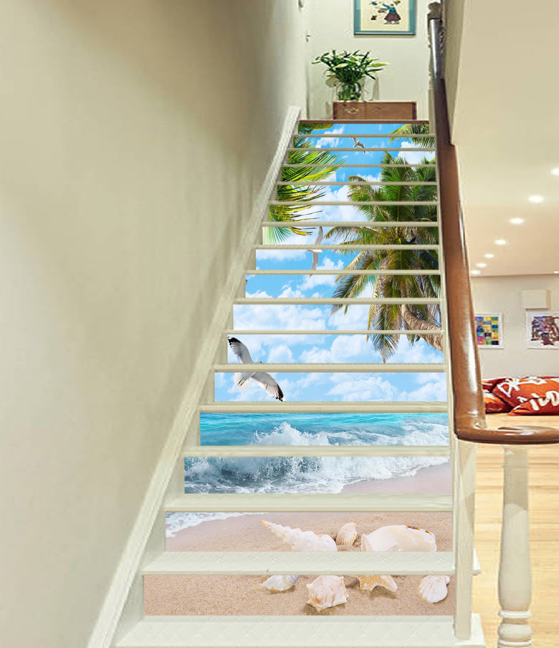 3D Beach Tree View Vinyl Wall Decal - 793 Stair Risers Decoration Photo Mural Wallpaper (13x18x94cm/7x37in) - Perfect for Home, Office & Staircase Decor