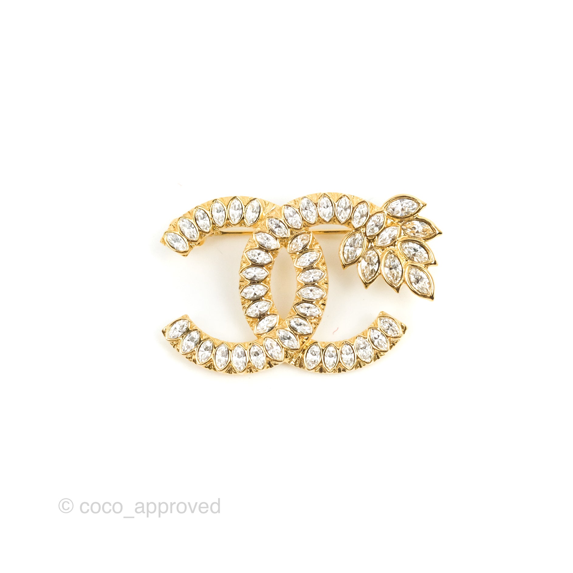 Chanel CC Crystal Brooch in 22K Gold Tone - Elegant Fashion Accessory for Women, Perfect for Parties, Weddings & Special Occasions