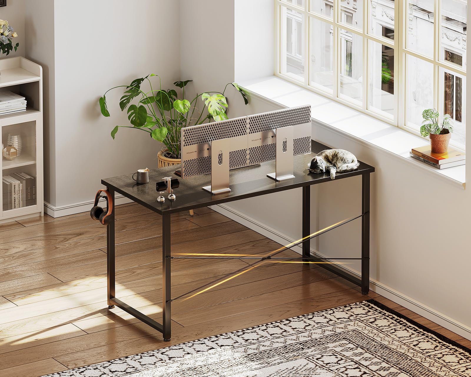 Casaottima 48 Inch Small Computer Desk for Home Office - Compact Writing Study Desk with Headphone Hooks, Modern Simple Design, Space Saving Black Workstation - Perfect for Small Spaces, Dorm Rooms & Home Office Setup
