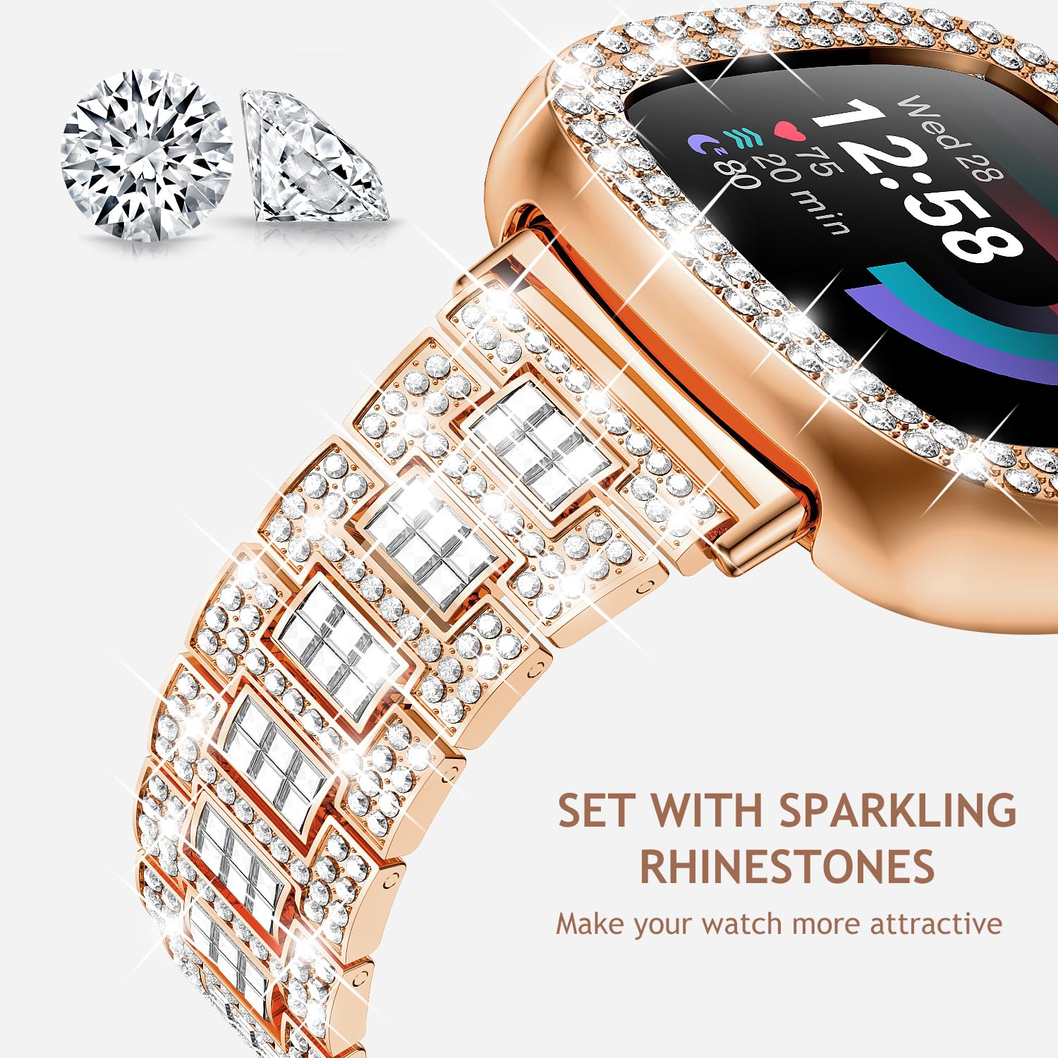Dsytom Bling Stylish Watch Band Compatible with Fitbit Versa 4/3, Sense 2/1 - Rhinestone Decorative Strap with Protective Case for Women - Perfect for Workouts, Parties & Daily Fashion Accessories