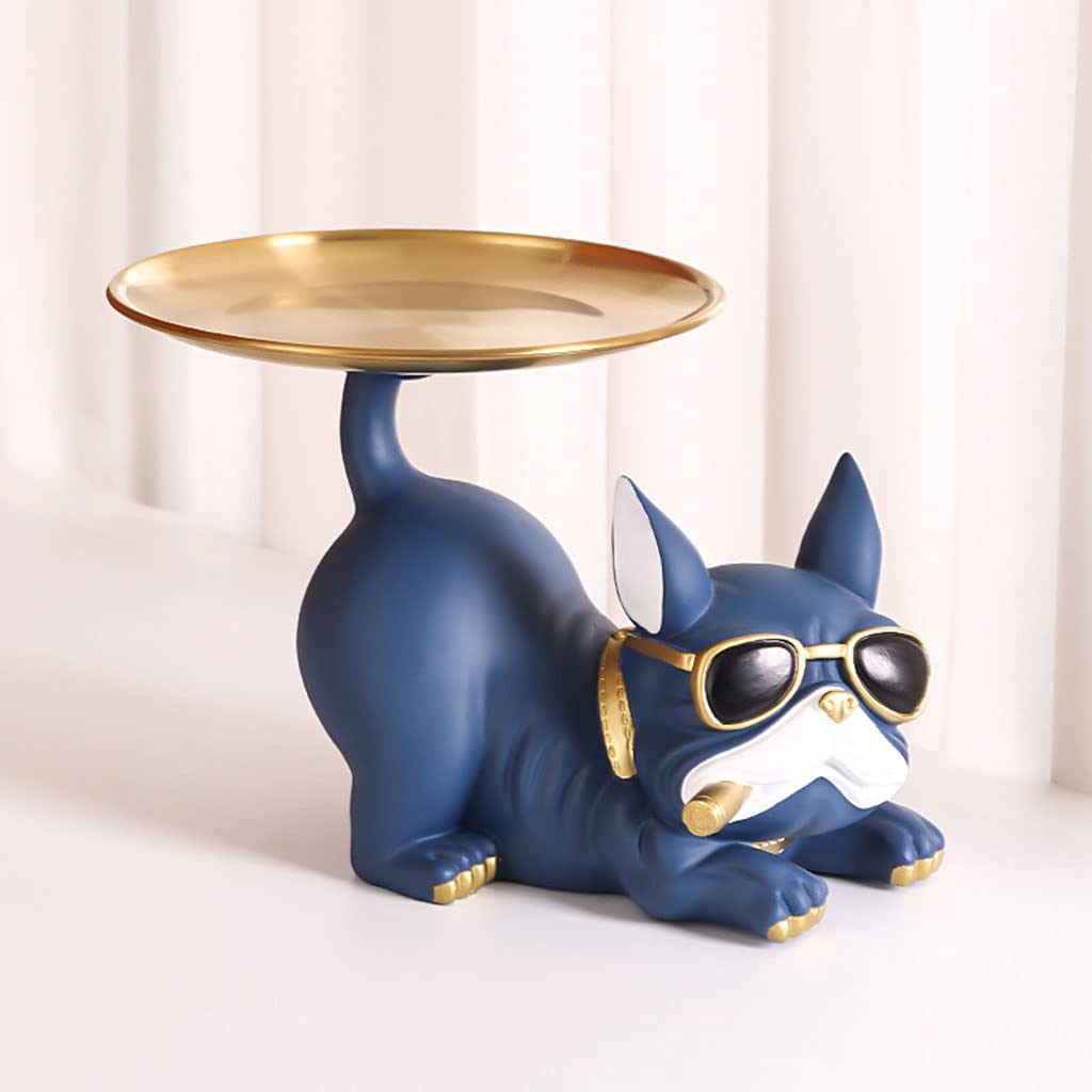 YCZHD Resin Bulldog Sculpture Key Holder - Decorative Entryway Tray for Keys, Jewelry & Snacks | Blue Home Accessories for Porch, Living Room & Office Organization