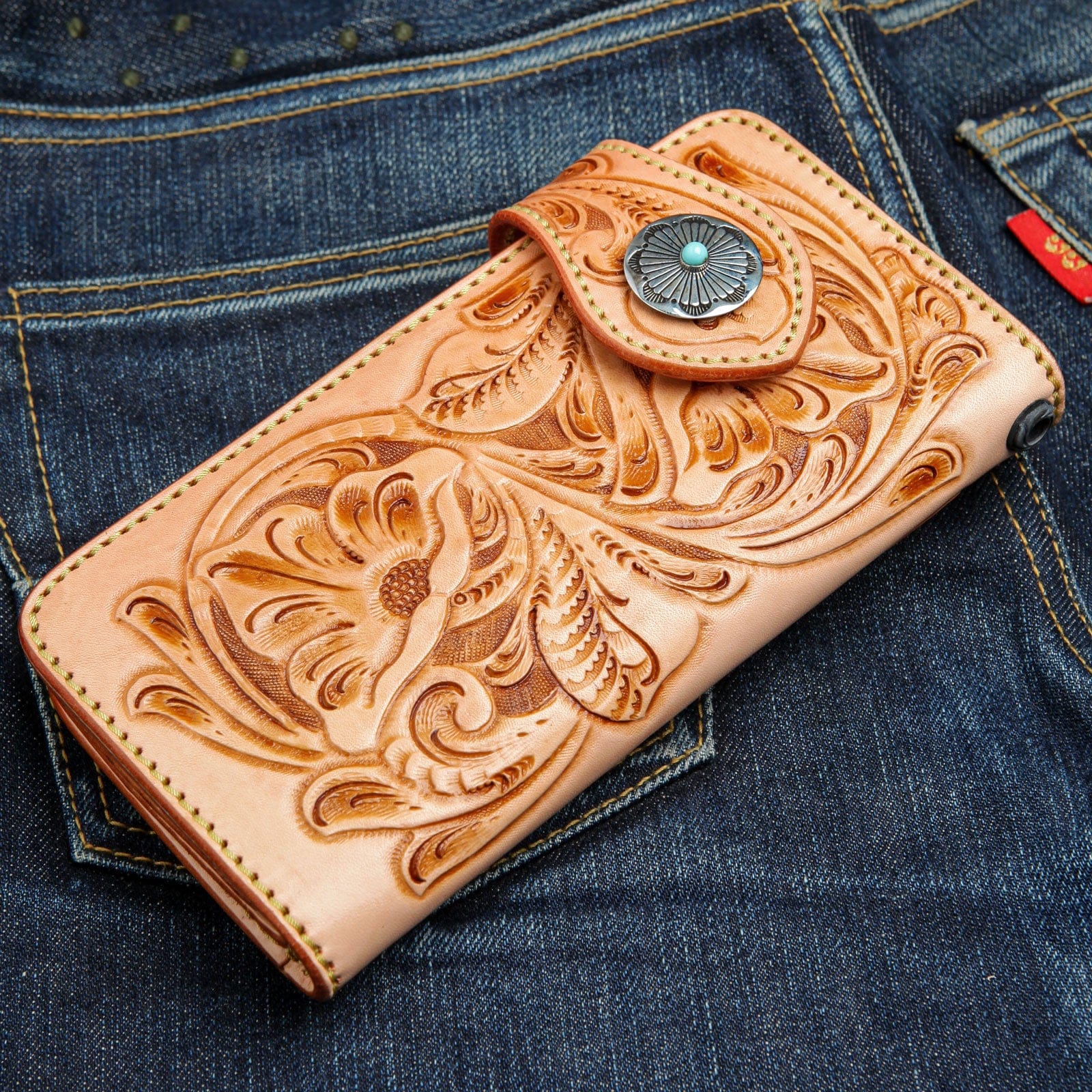 Japanese Floral Light Brown Genuine Leather Turquoise Concho Biker Wallet for Men - Western Style Money Clip Billfold with Conchos - Perfect for Motorcycle Riders, Cowboy Fashion & Gift Giving