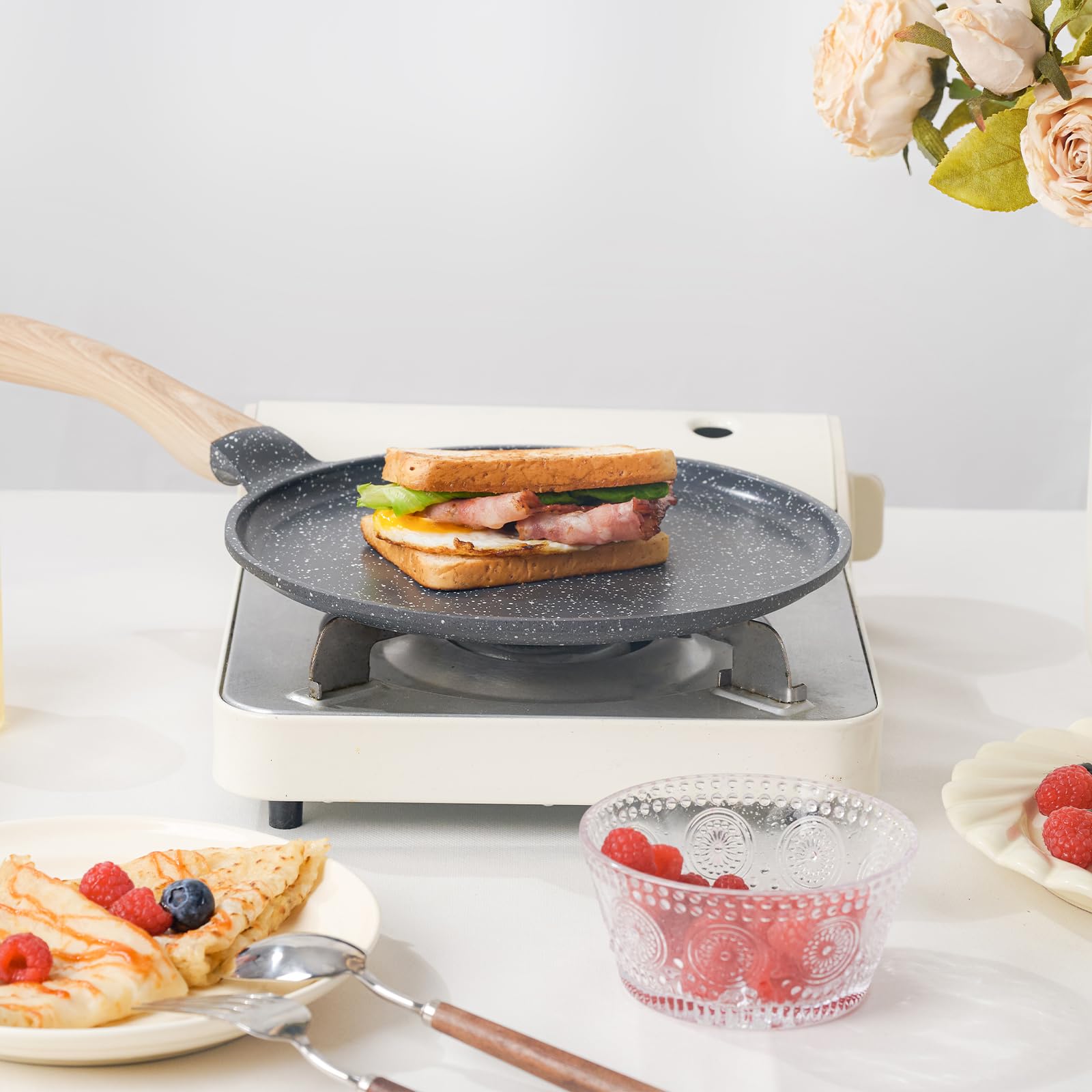 **JEETEE 9.5 Inch Nonstick Crepe Pan - Granite Coating Griddle Pan for Tortillas, Pancakes, Dosa & More - PFOA Free, Induction Compatible, Stovetop Safe (Grey) - Perfect for Breakfast, Brunch & Family Cooking**