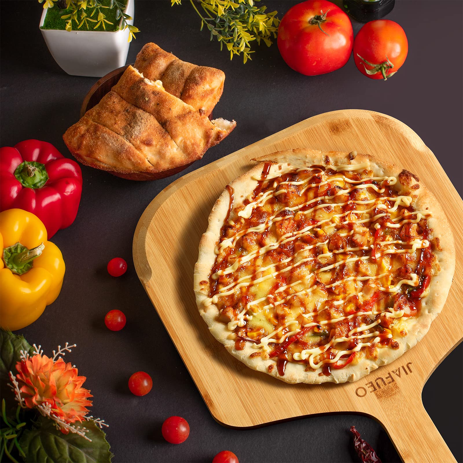 12 Inch Bamboo Pizza Peel - Wooden Pizza Paddle & Spatula for Baking Homemade Pizza, Oven Accessory - Also Perfect as Wood Cutting Board for Cheese, Bread, Fruits & Vegetables - Ideal for Home Kitchens, Pizzerias & Outdoor Cooking