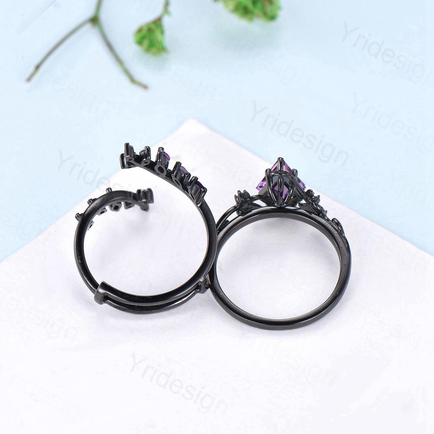 Gothic Aquamarine Ring Set - Unique 7x10mm Kite Cut Aquamarine Engagement Ring in Black Gold with Marquise Moonstone - Nature Inspired Wedding Jewelry for Gothic Brides, Boho Weddings & Alternative Fashion