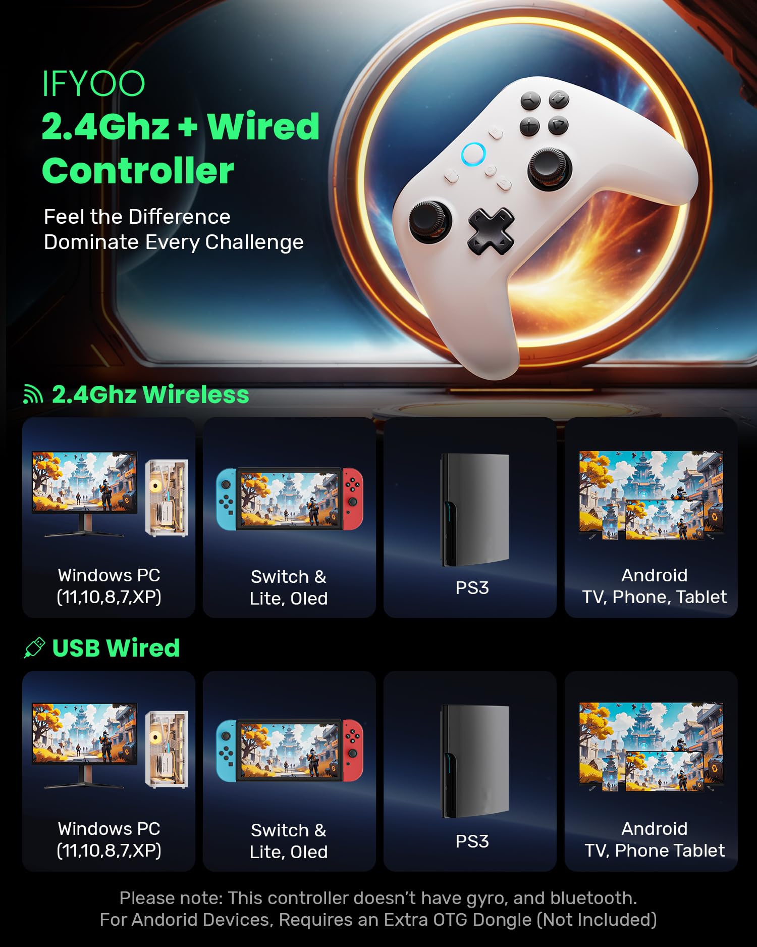 IFYOO N1 2.4G Wireless Gaming Controller with Hall Effect Triggers & Joystick - Dual Mode Gamepad for PC (Windows 11/10/8/7), Steam, Android, PS3, Nintendo Switch | Perfect for FPS, Racing & Action Games on Laptop, TV & Mobile Devices