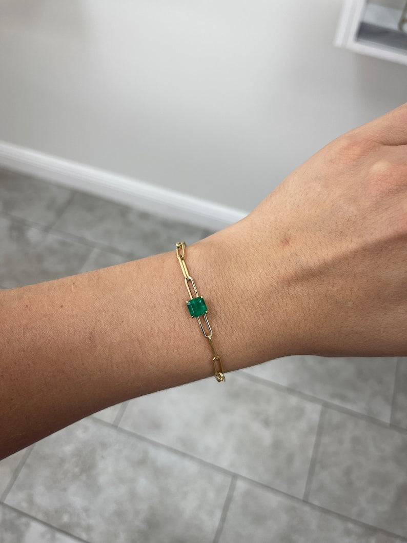 1.80ct 14K Natural Dark Green Asscher Cut Emerald Solitaire Paperclip Square 7x7mm 4-Prong Claw Bracelet for Women - Elegant Jewelry Gift for Anniversary, Wedding & Special Occasions