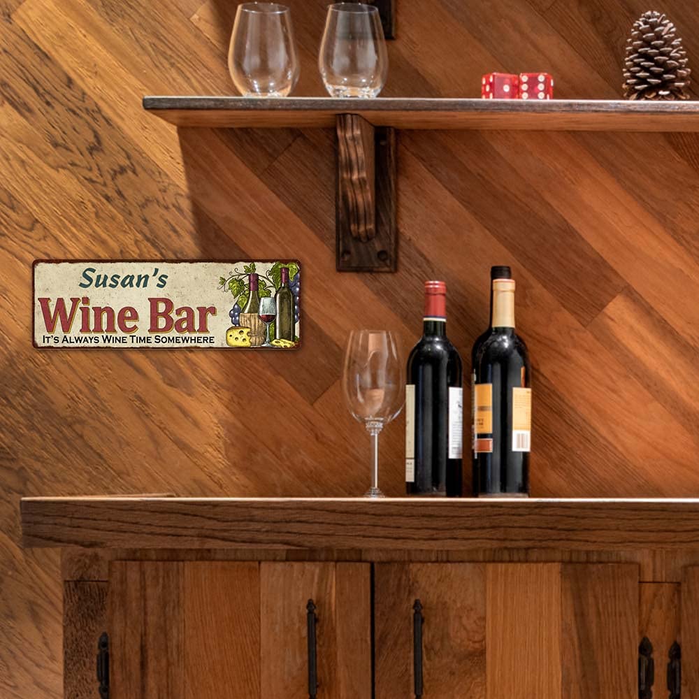Personalized Wine Bar Sign - Rustic Home Decor for Cellar, Kitchen & Wall Art - 6x18 Inch High Gloss Metal Tin Plaque - Unique Housewarming Gift for Wine Lovers (Perfect for Dining Rooms, Bars & Wine Cellars)
