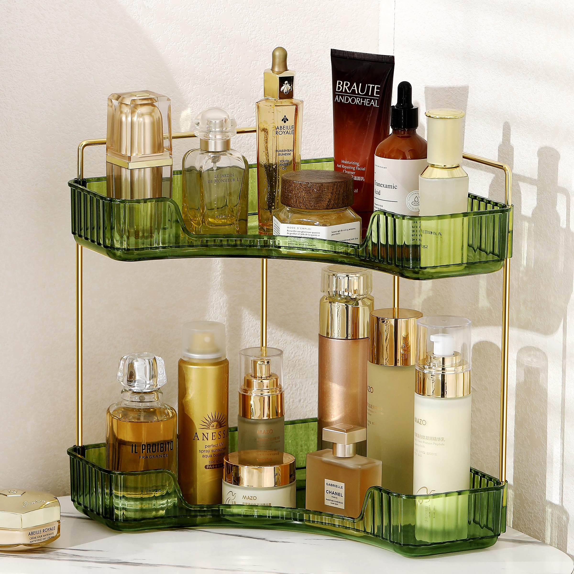 2-Tier Green Corner Bathroom Counter Organizer - Vanity Makeup & Perfume Storage Shelf for Bathroom Countertop - Perfect for Small Space Organization & Cosmetic Display