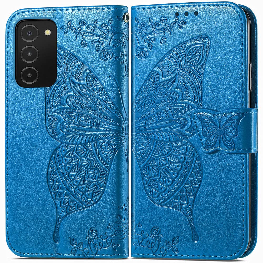 Premium PU Leather Samsung Galaxy A03S Case with Kickstand & Card Slots - Embossed Butterfly Flower Design, Wrist Strap, 6.5 Inch Protective Phone Cover (A-Blue) - Perfect for Daily Use, Travel & Hands-Free Convenience