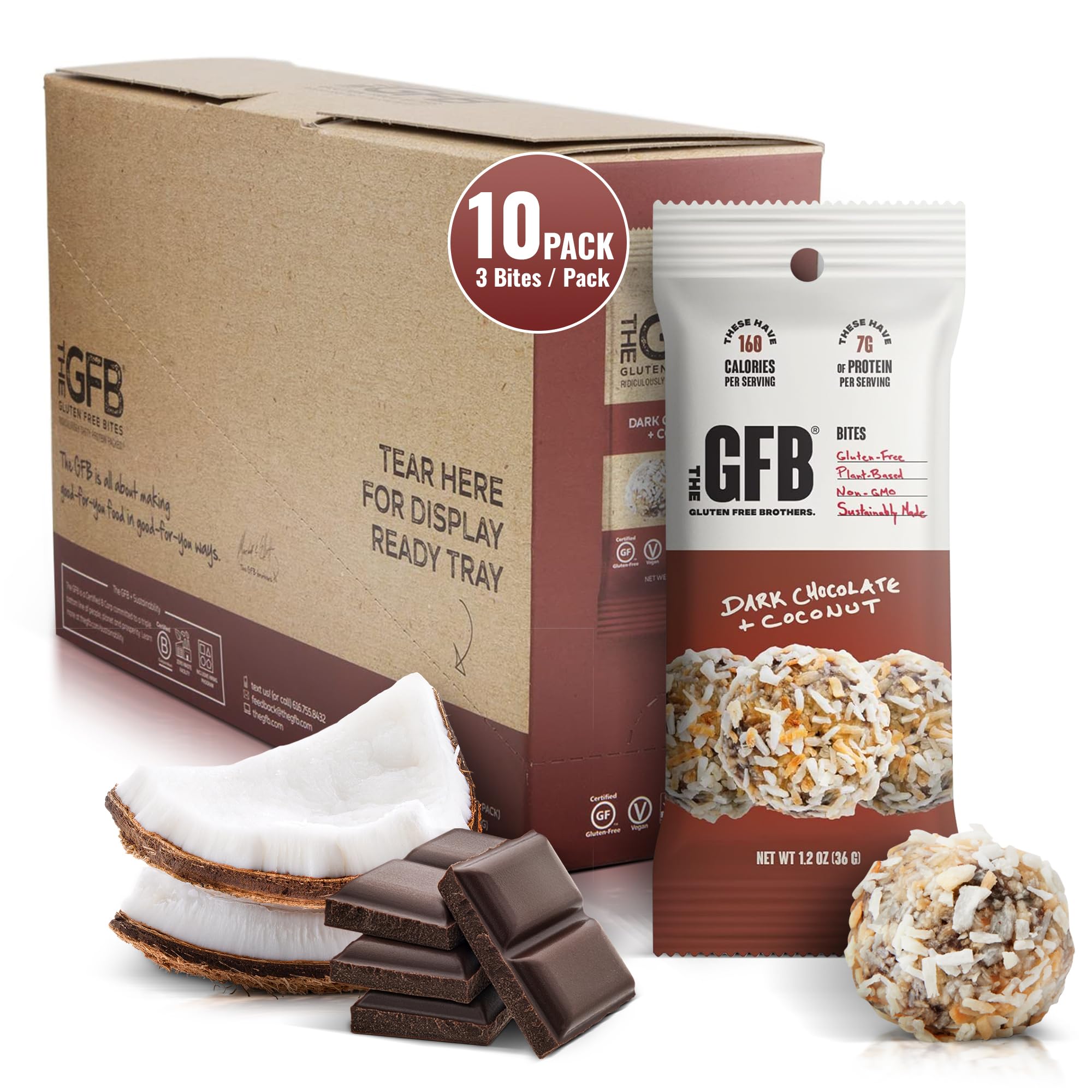 GFB Dark Chocolate Coconut Protein Bites - Gluten Free, Vegan, Plant-Based Protein Snacks, Non-GMO, Sustainably Made - Healthy Energy Balls for Workouts, Hiking & On-the-Go Snacking, 1.2oz (10 Count)