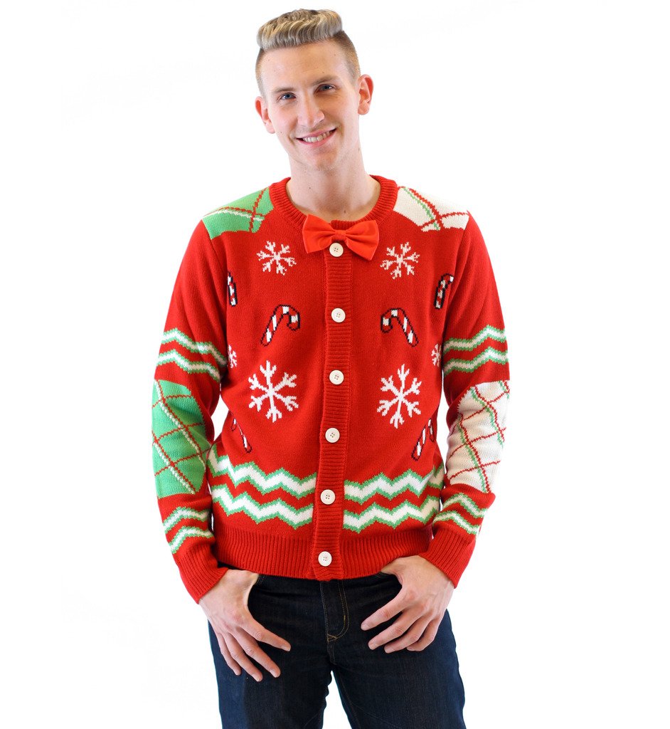 Festive Red Button-Up Ugly Christmas Sweater with Candy Canes, Snowflakes & Bowtie - Perfect for Holiday Parties & Family Photos