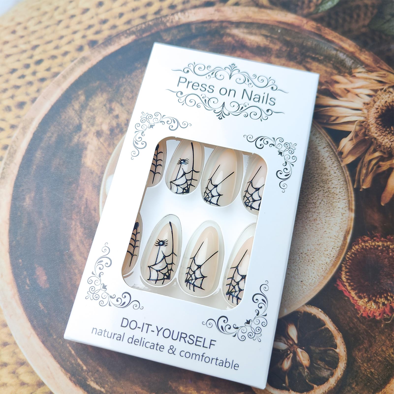**Spider Design Halloween Press-On Nails - Short Almond Fake Nails with 3D Web French Tips (24Pcs) | Glossy Nude Pink False Nails for Women & Girls | Perfect for Halloween Parties, Cosplay & Spooky Nail Art**