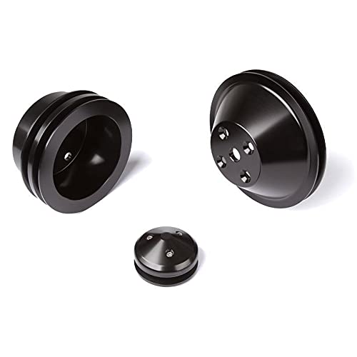 Chevy Small Block Pulley Kit V-Belt for Long Water Pump - Black Bright Dip Anodized Finish | High-Performance Engine Upgrade for Chevy 350, 327, 305 | Perfect for Hot Rods, Muscle Cars & Classic Restorations