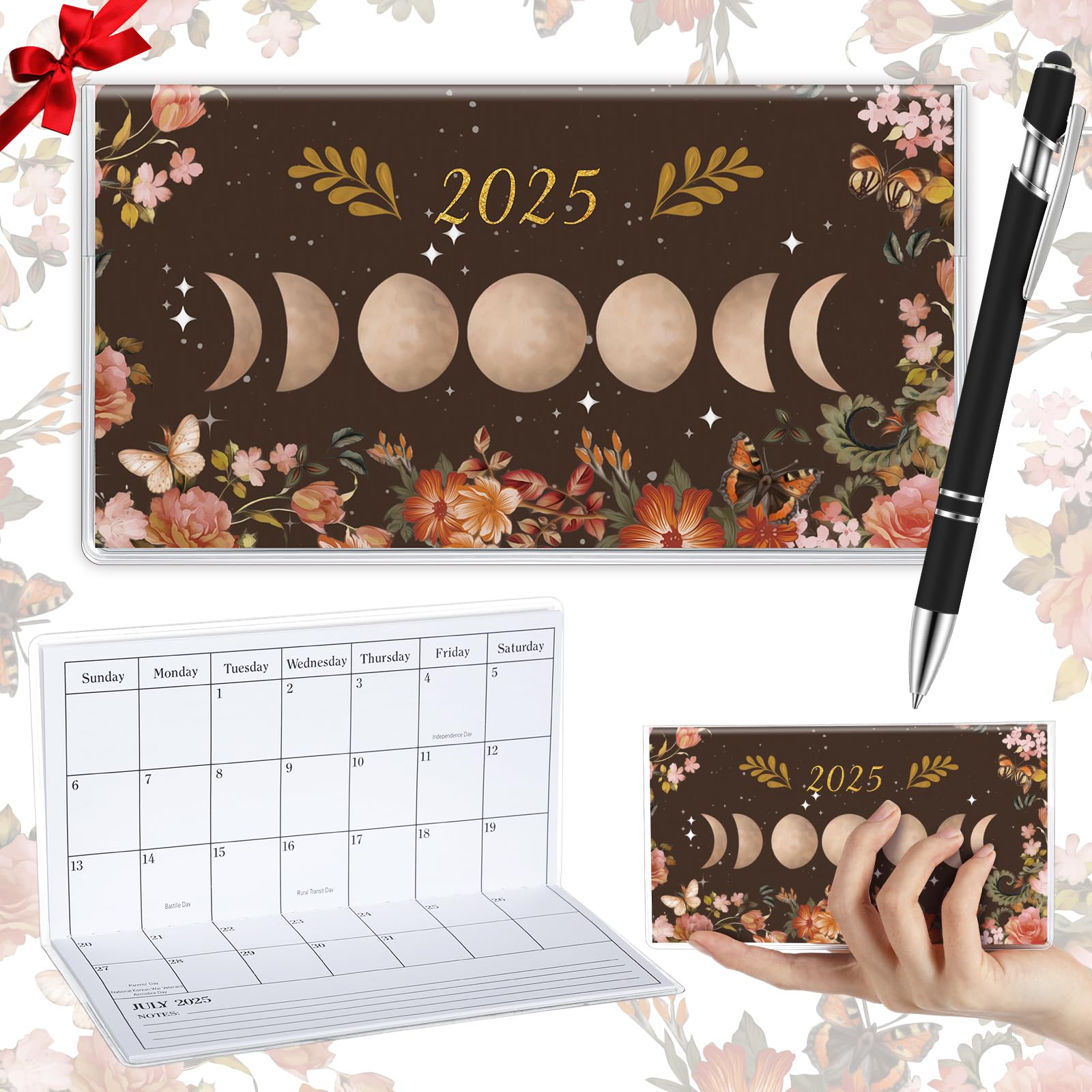 Gueevin 2025 Small Pocket Planner - Weekly & Monthly Calendar with Pen, Compact Purse Organizer, Writing Notebook Journal - Perfect Gift for Women, Sister, Friend (Black Moon Design) | Ideal for Daily Scheduling, Travel Planning & Holiday Gifts